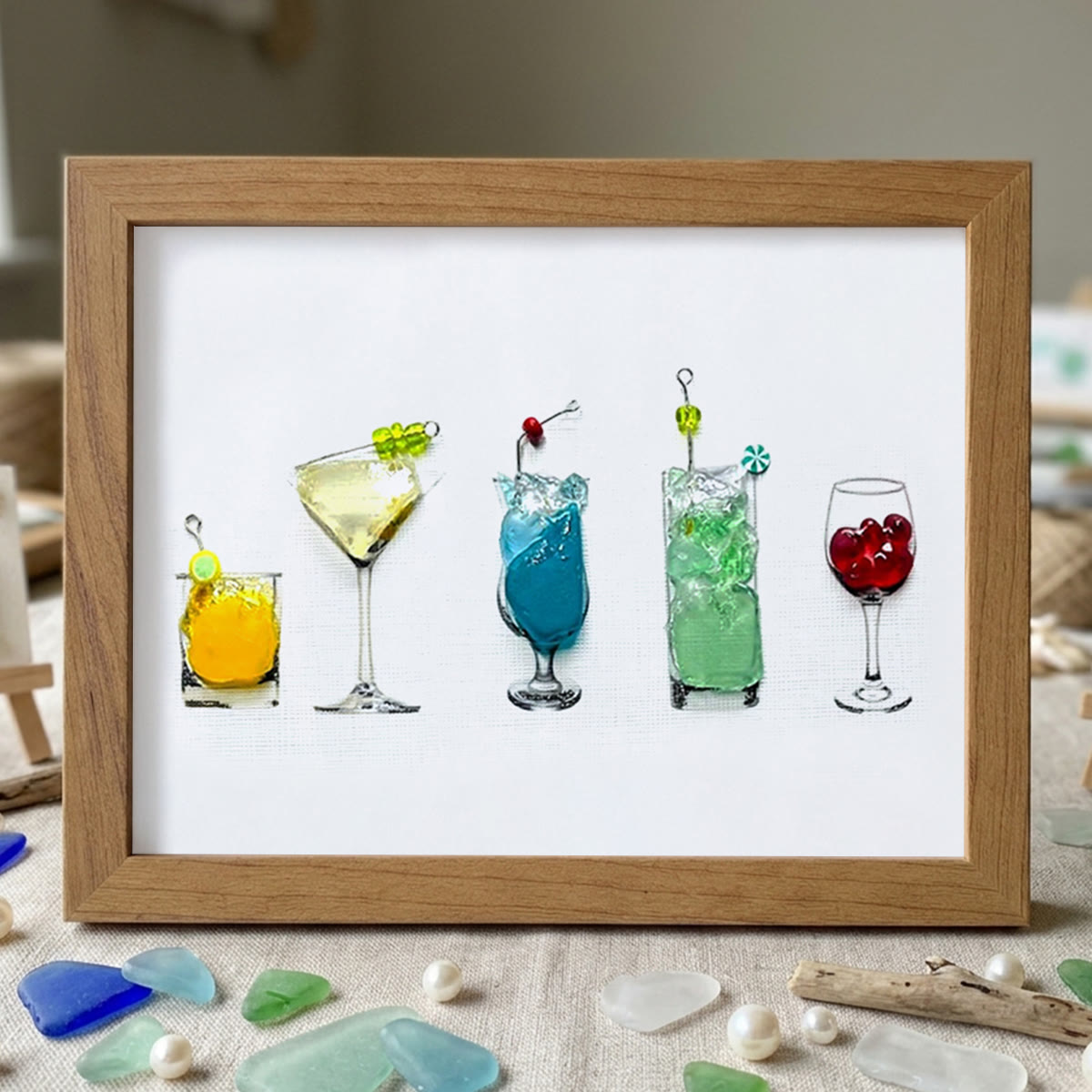 Cocktail Theme Sea Glass Framed Art - Walnut Brown - 6" X 8" - image 8
