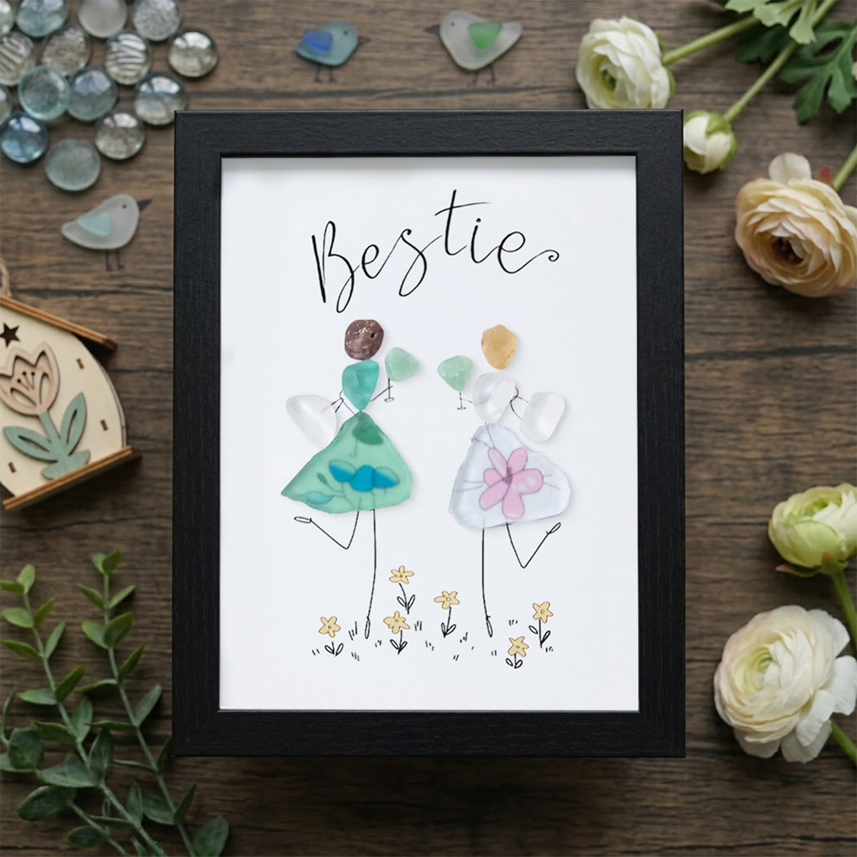 Cheers To My Bestie Sea Glass Framed Art - Black - 8" X 6" - image 11