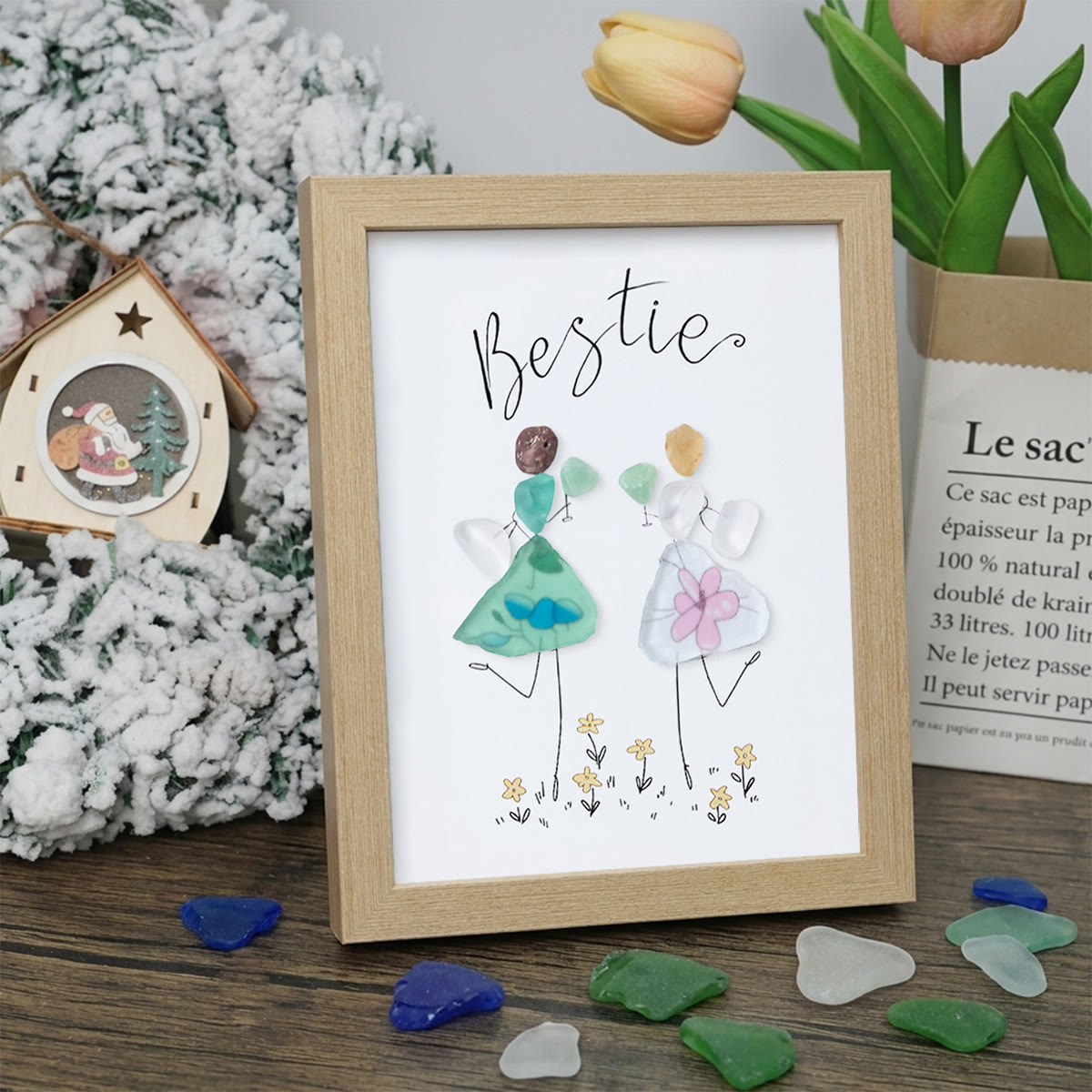 Cheers To My Bestie Sea Glass Framed Art - Oak - 8" X 6" - image 9