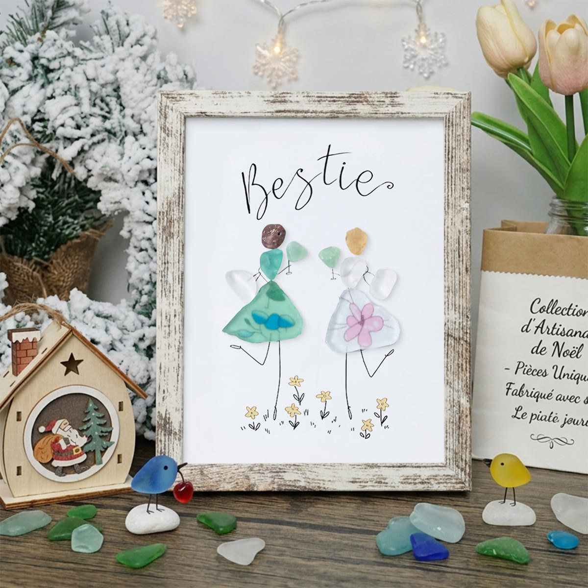 Cheers To My Bestie Sea Glass Framed Art - Retro White - 8" X 6" - image 13