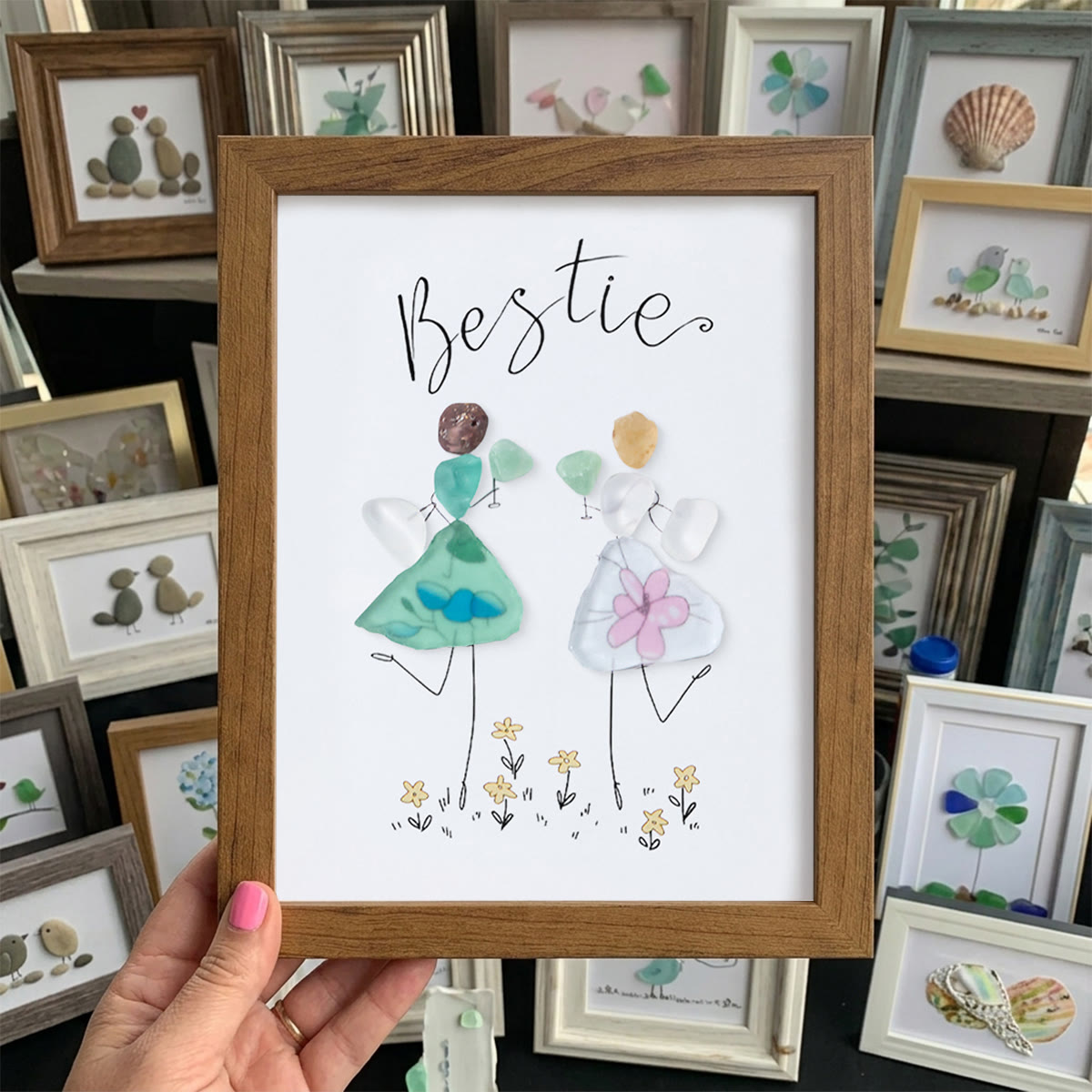 Cheers To My Bestie Sea Glass Framed Art - Walnut Brown - 8" X 6" - image 10