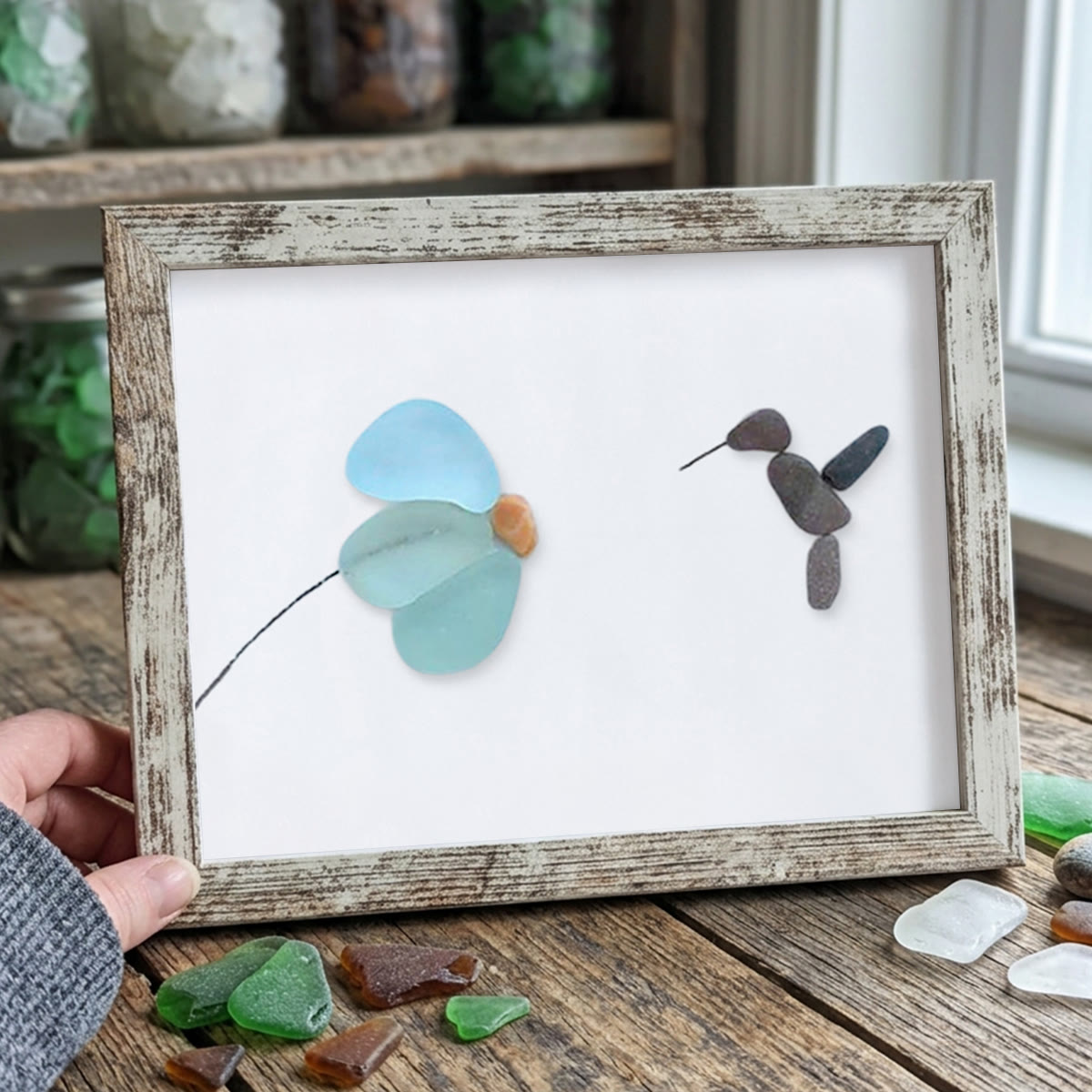 Mini Hummingbird And Flower Sea Glass Framed Art - Retro White - 6" X 8" - image 11