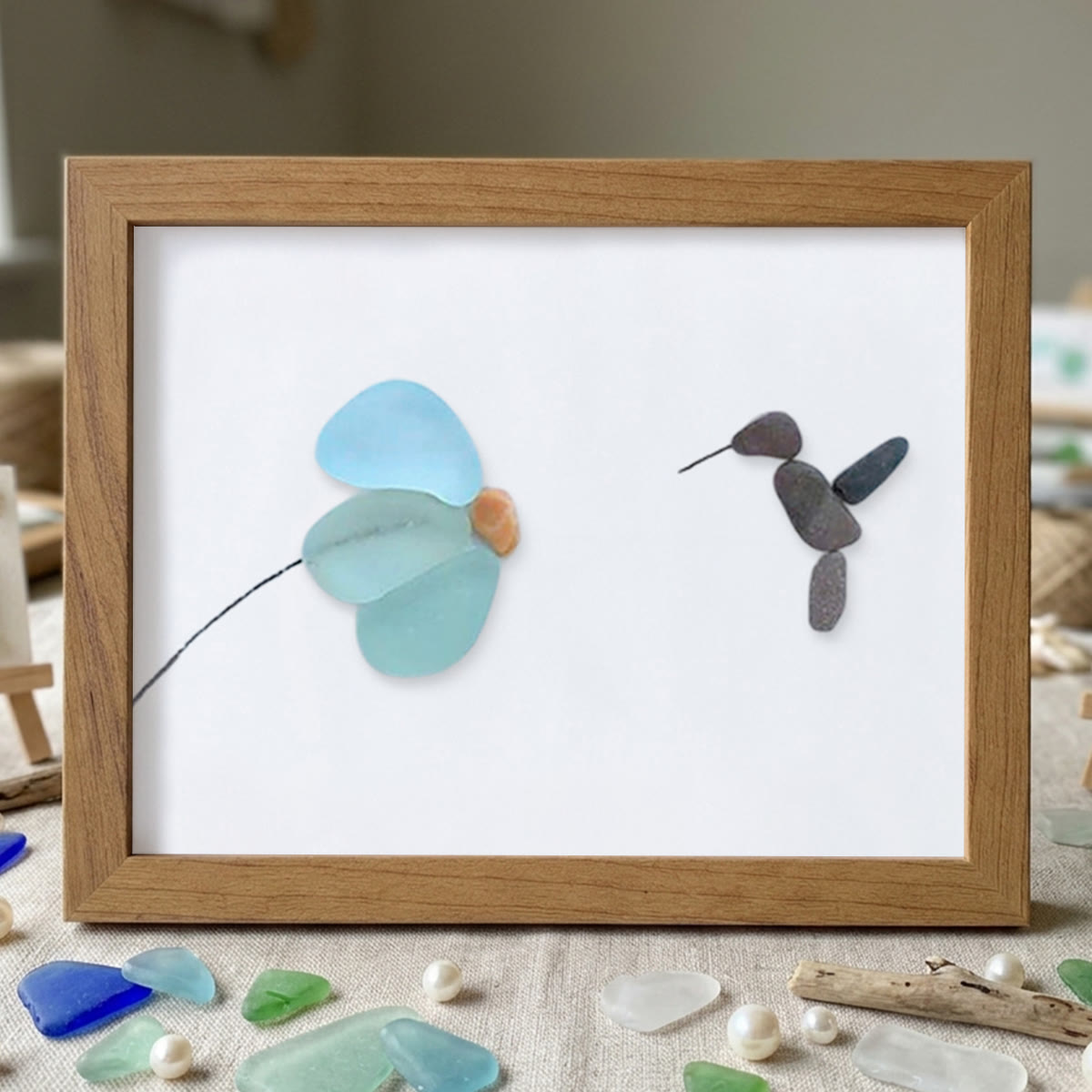 Mini Hummingbird And Flower Sea Glass Framed Art - Walnut Brown - 6" X 8" - image 8