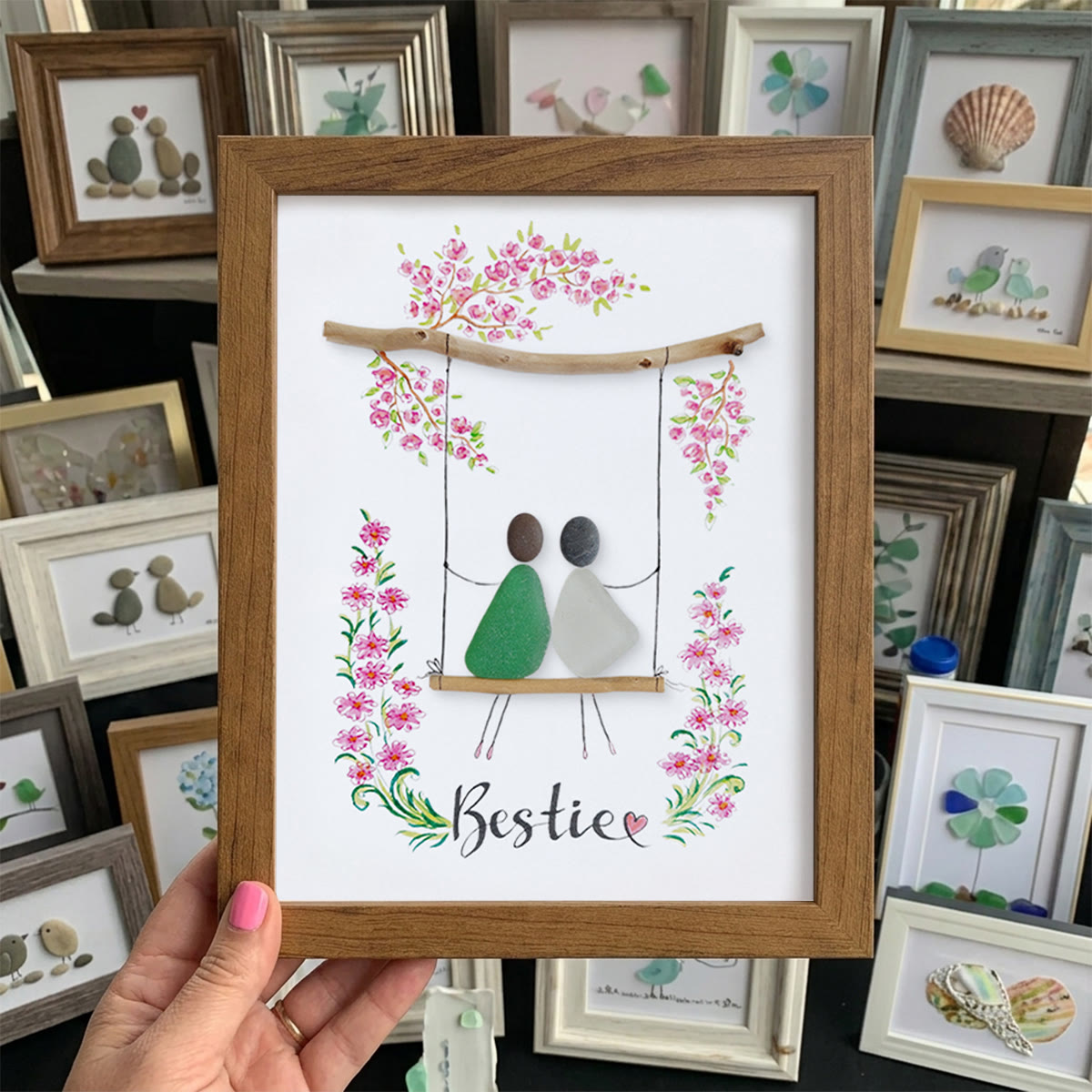 Bestie Sitting On The Swing Around Blossom Flower Sea Glass Framed Art - Walnut Brown - 8" X 6" - image 10