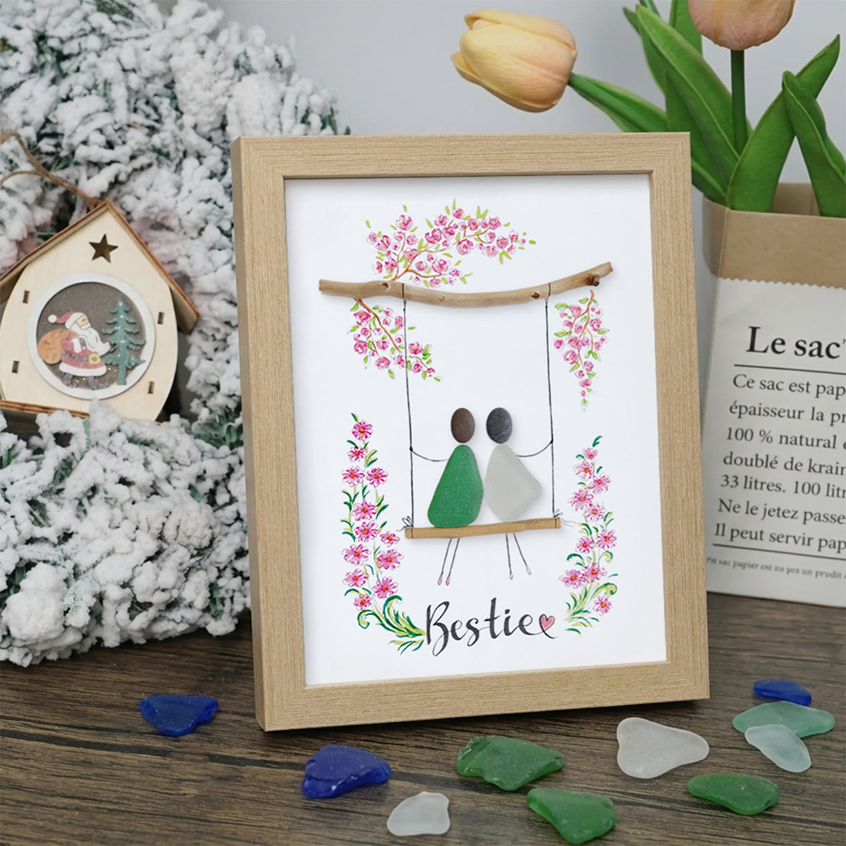 Bestie Sitting On The Swing Around Blossom Flower Sea Glass Framed Art - Oak - 8" X 6" - image 9