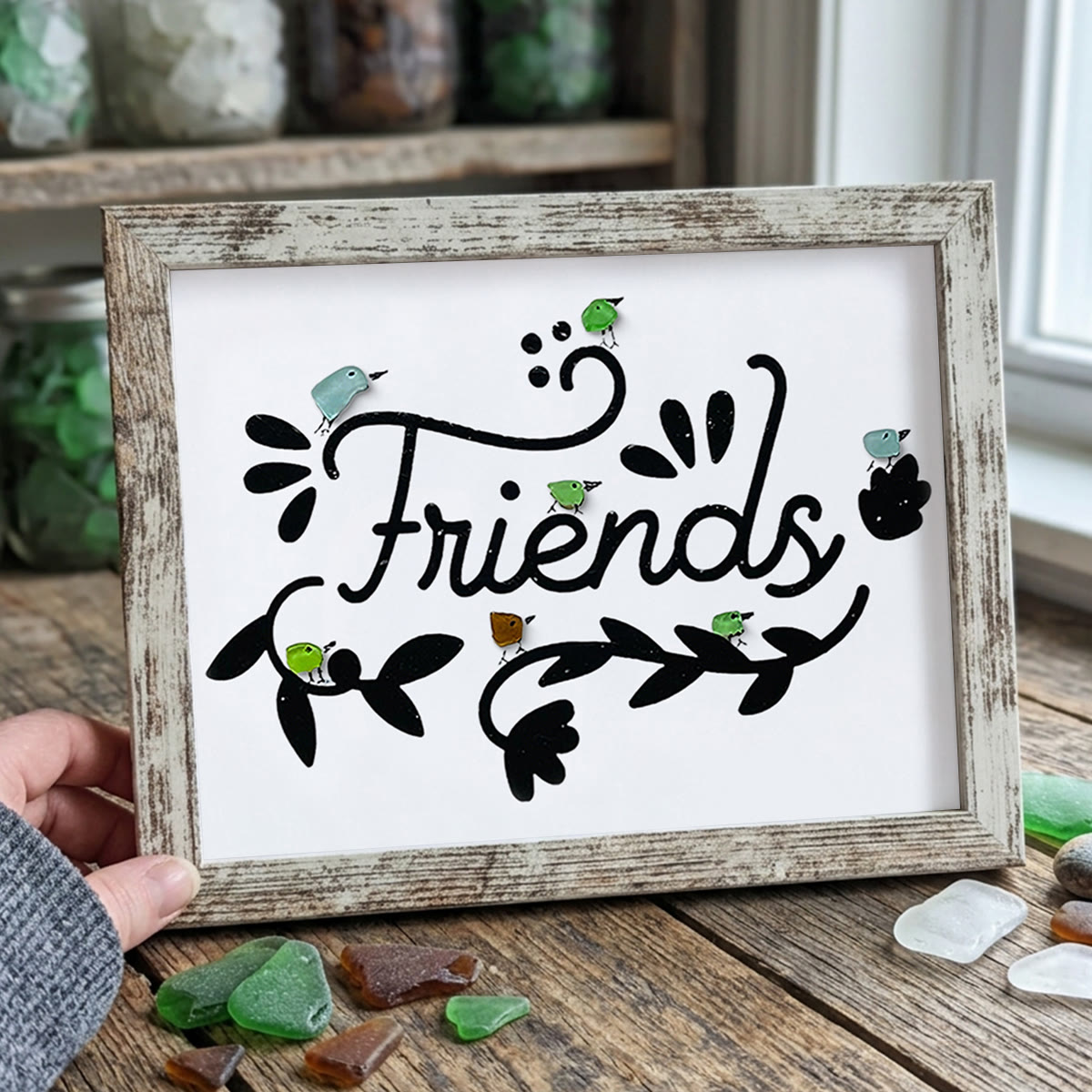 Bird Friends Sea Glass Framed Art - Retro White - 6" X 8" - image 14