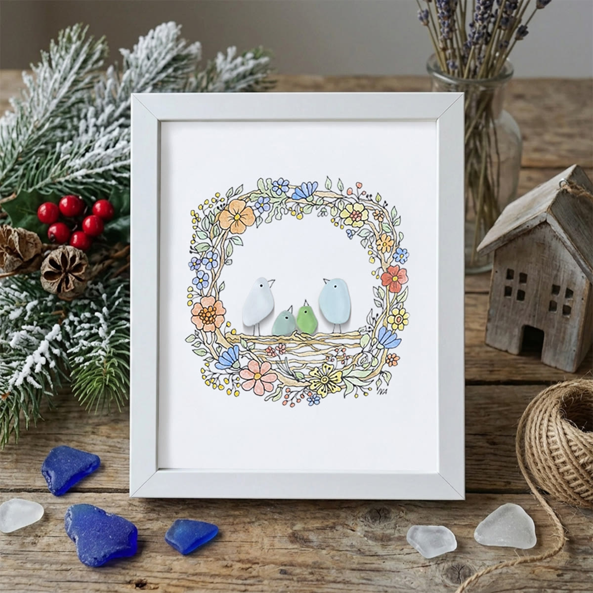 Family Birds In The Nest Sea Glass Framed Art - White - 8" X 6" - image 13