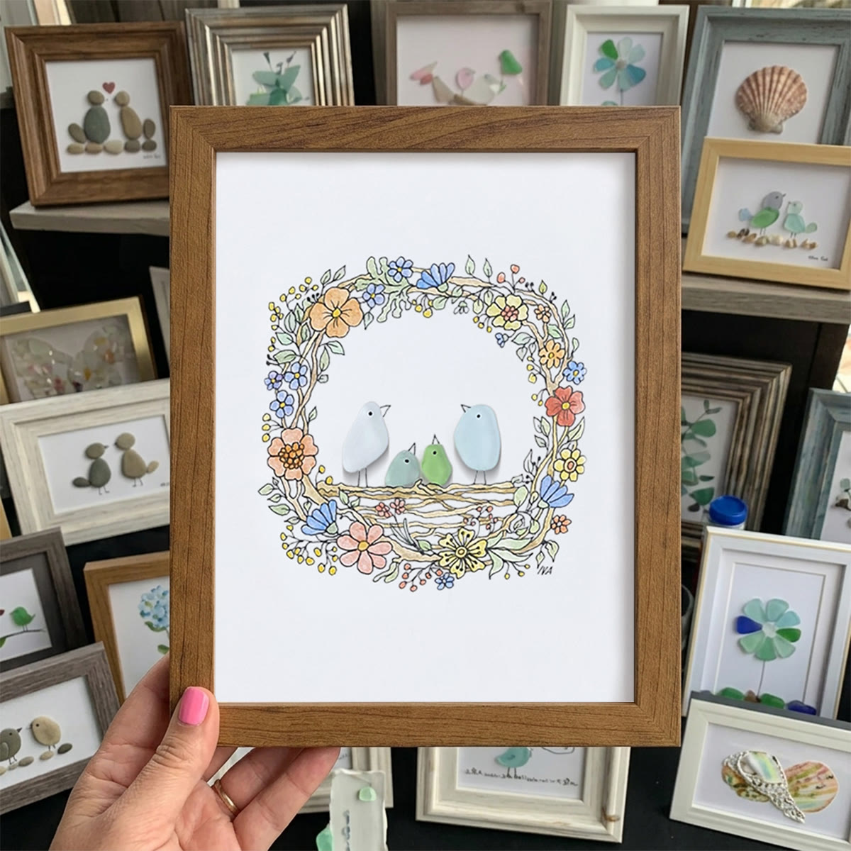 Family Birds In The Nest Sea Glass Framed Art - Walnut Brown - 8" X 6" - image 11