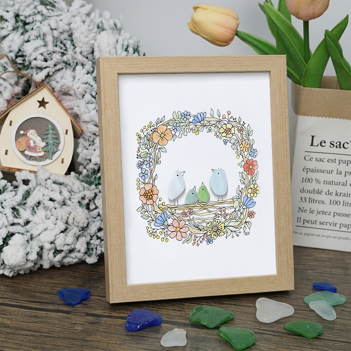 Family Birds In The Nest Sea Glass Framed Art - Oak - 8" X 6" - image 10