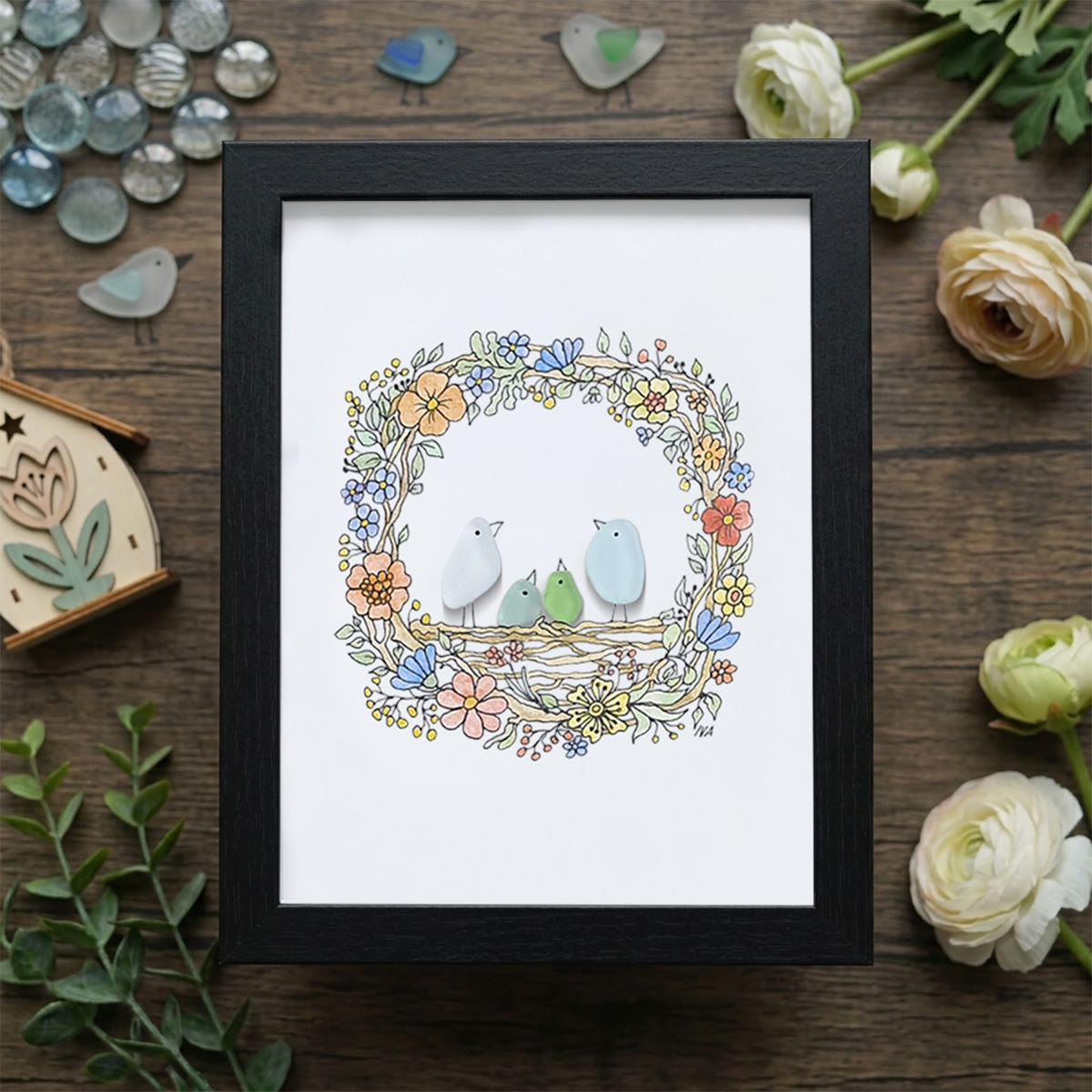 Family Birds In The Nest Sea Glass Framed Art - Black - 8" X 6" - image 12