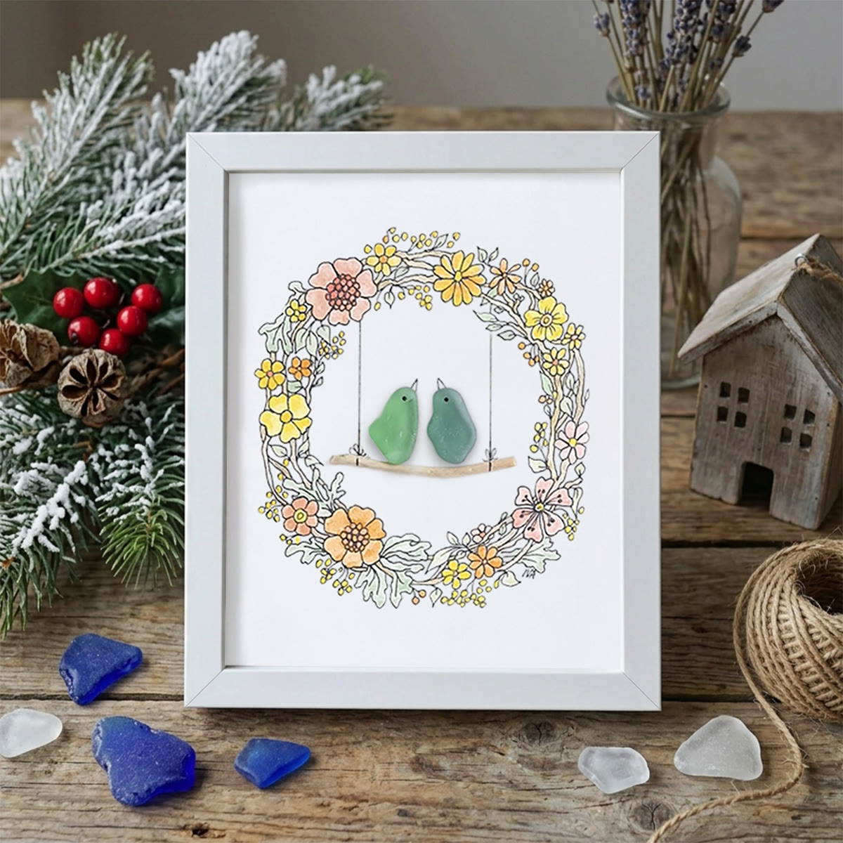 Birds On The Swing Sea Glass Framed Art - White - 8" X 6" - image 13