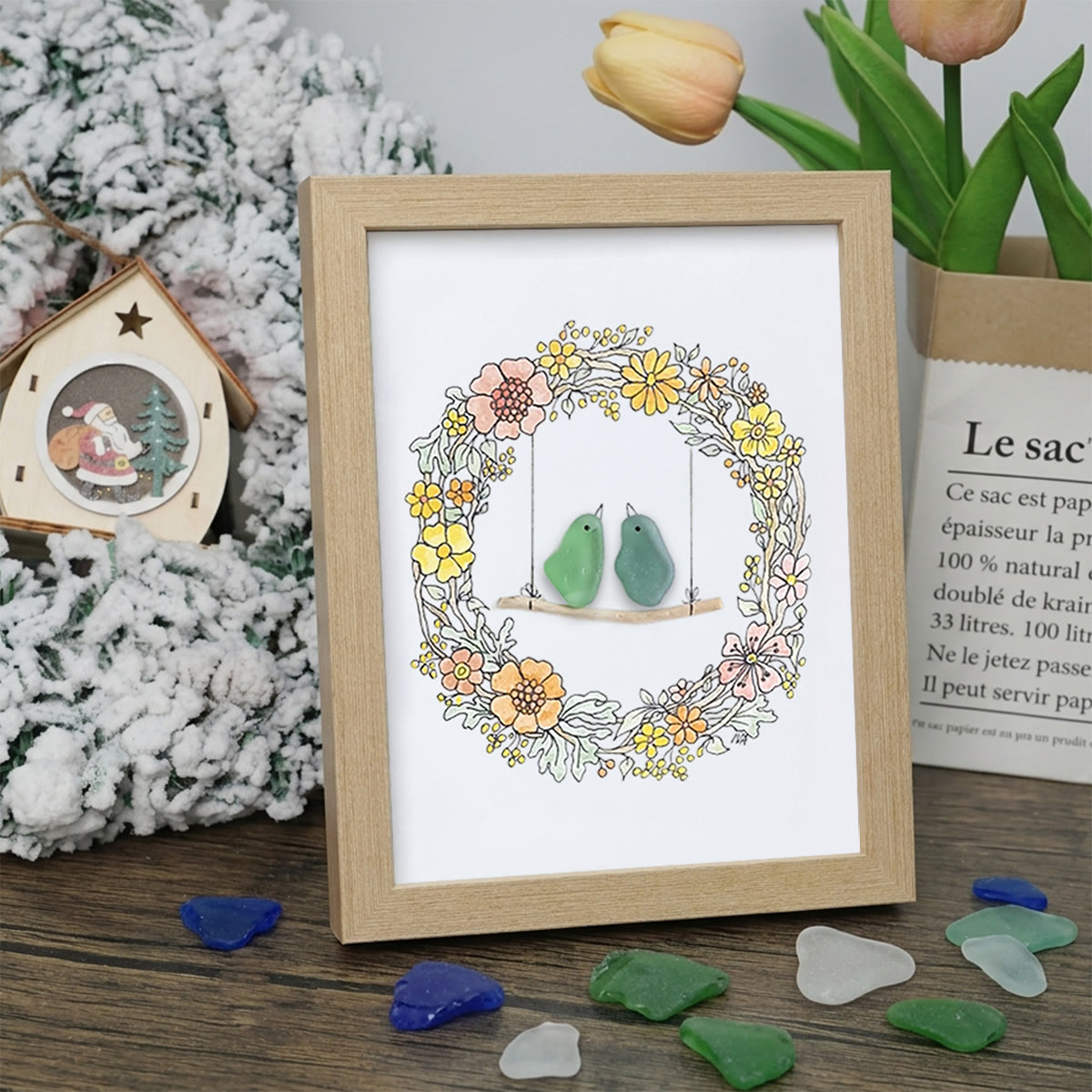 Birds On The Swing Sea Glass Framed Art - Oak - 8" X 6" - image 10