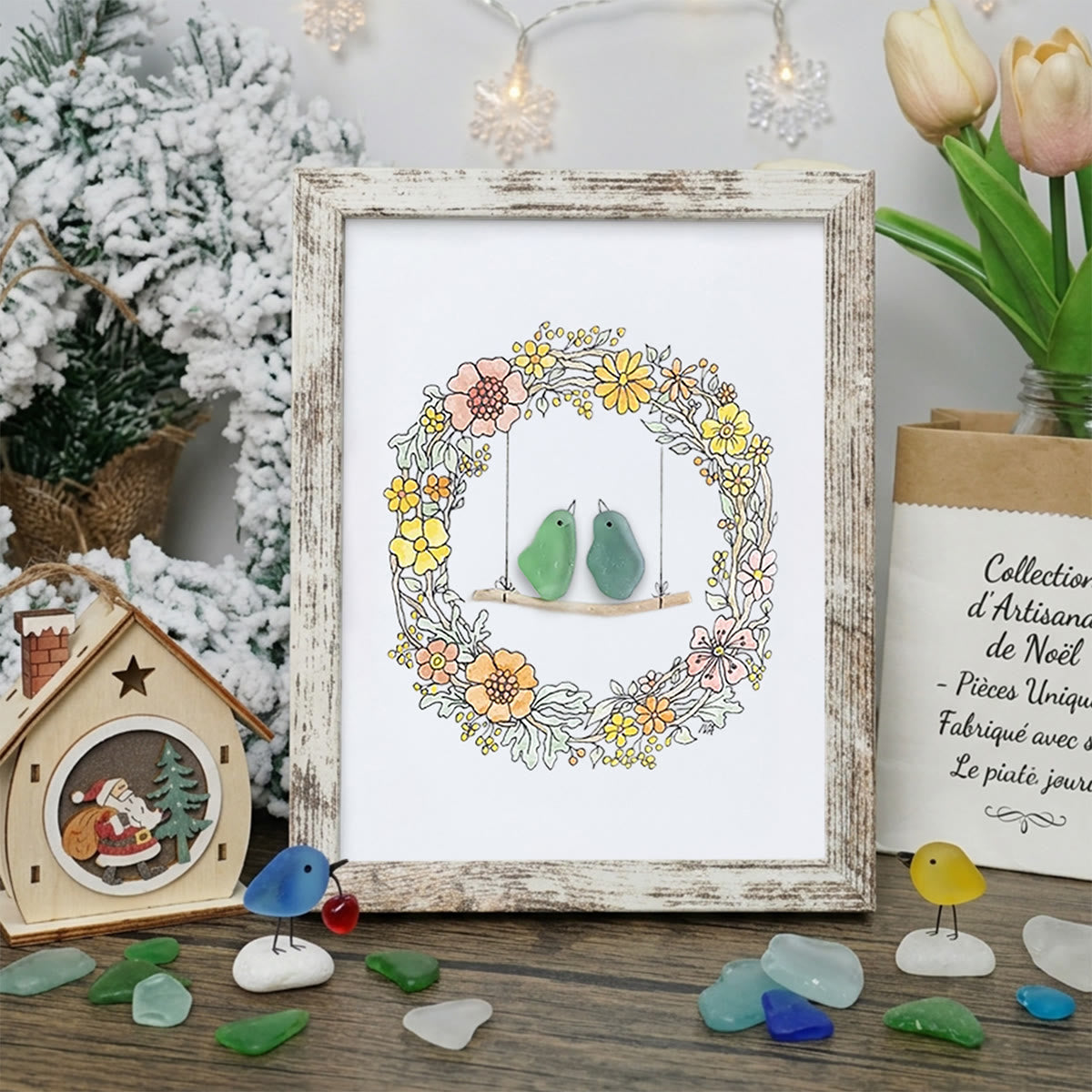 Birds On The Swing Sea Glass Framed Art - Retro White - 8" X 6" - image 14