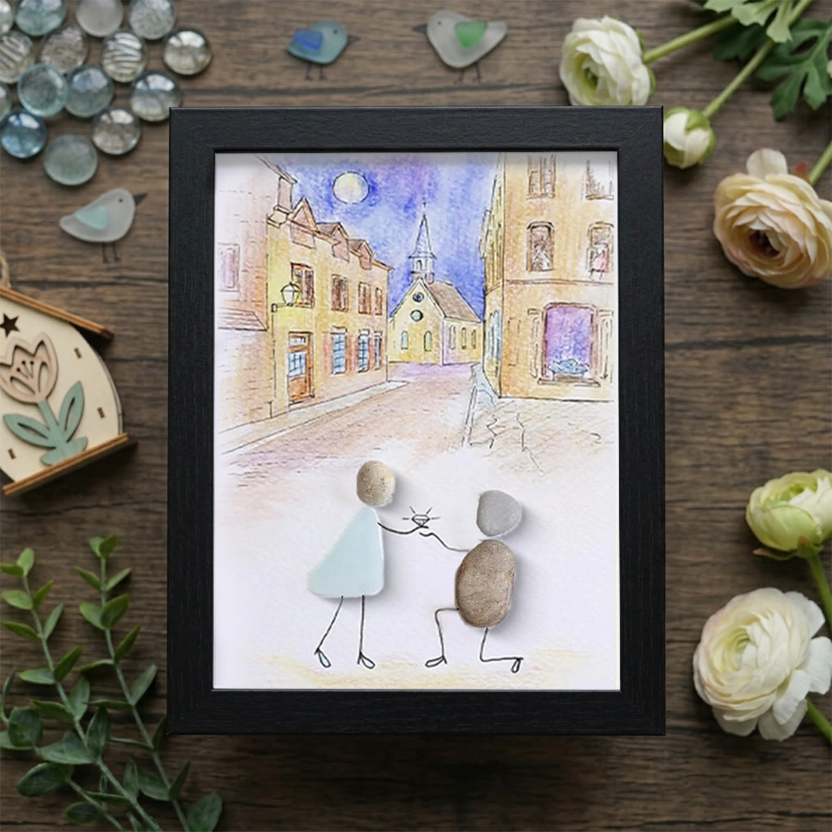 Propose On A Street Engagement Couple Sea Glass Framed Art - Black - 8" X 6" - image 12