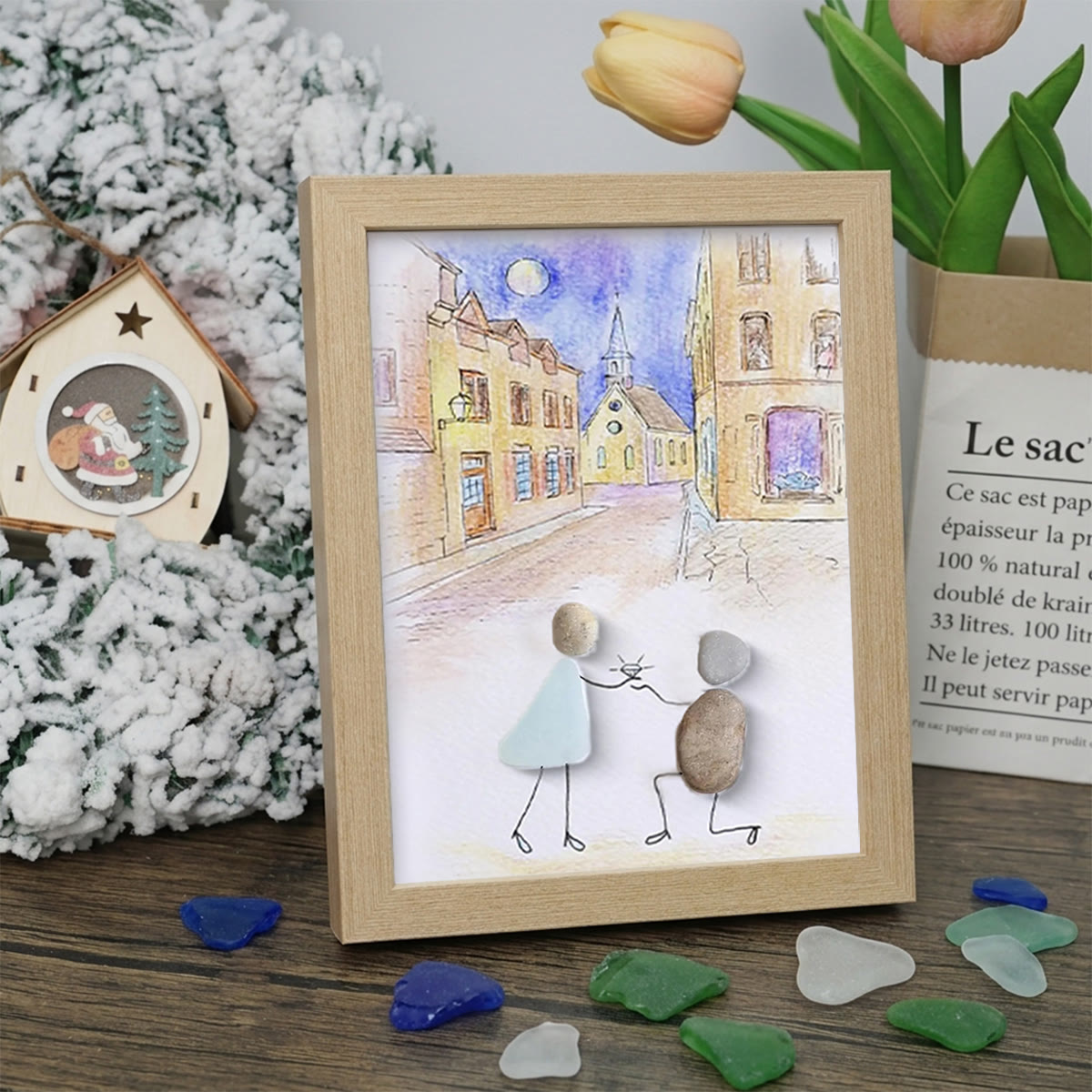 Propose On A Street Engagement Couple Sea Glass Framed Art - Oak - 8" X 6" - image 10