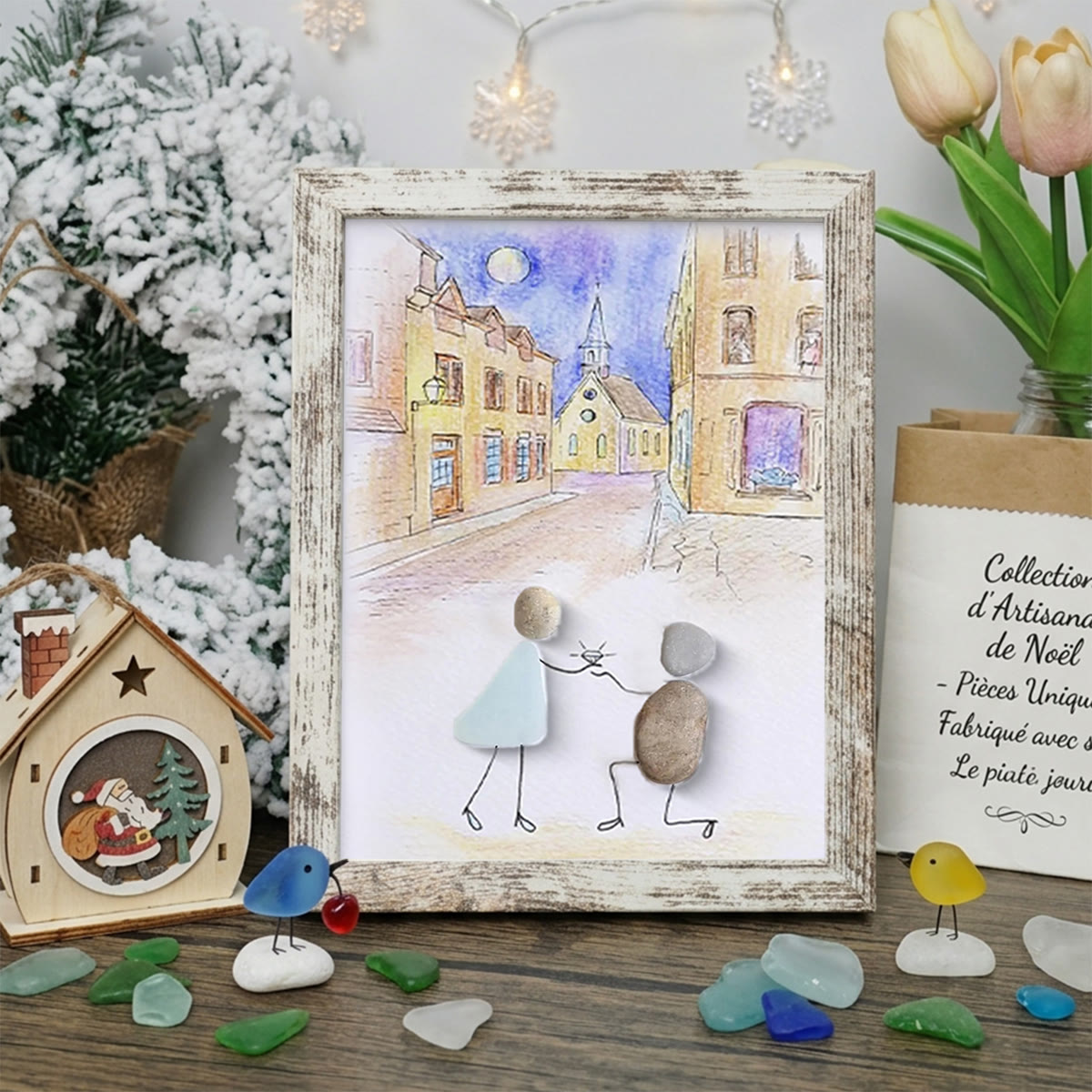 Propose On A Street Engagement Couple Sea Glass Framed Art - Retro White - 8" X 6" - image 14