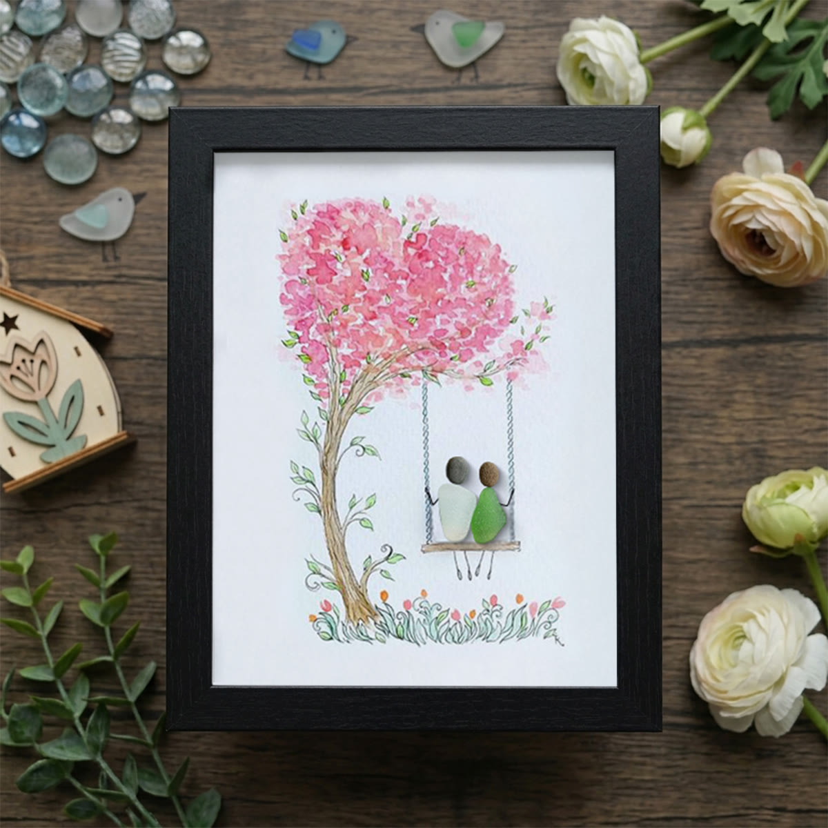 Couple On Swing Under A Love Tree Sea Glass Framed Art - Black - 8" X 6" - image 11