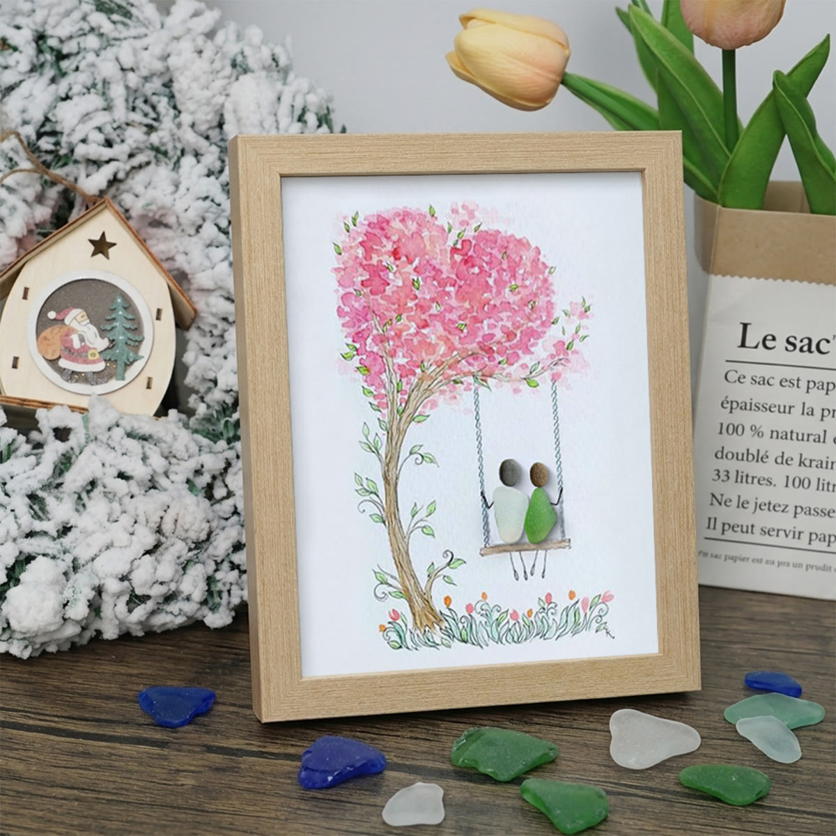 Couple On Swing Under A Love Tree Sea Glass Framed Art - Oak - 8" X 6" - image 9