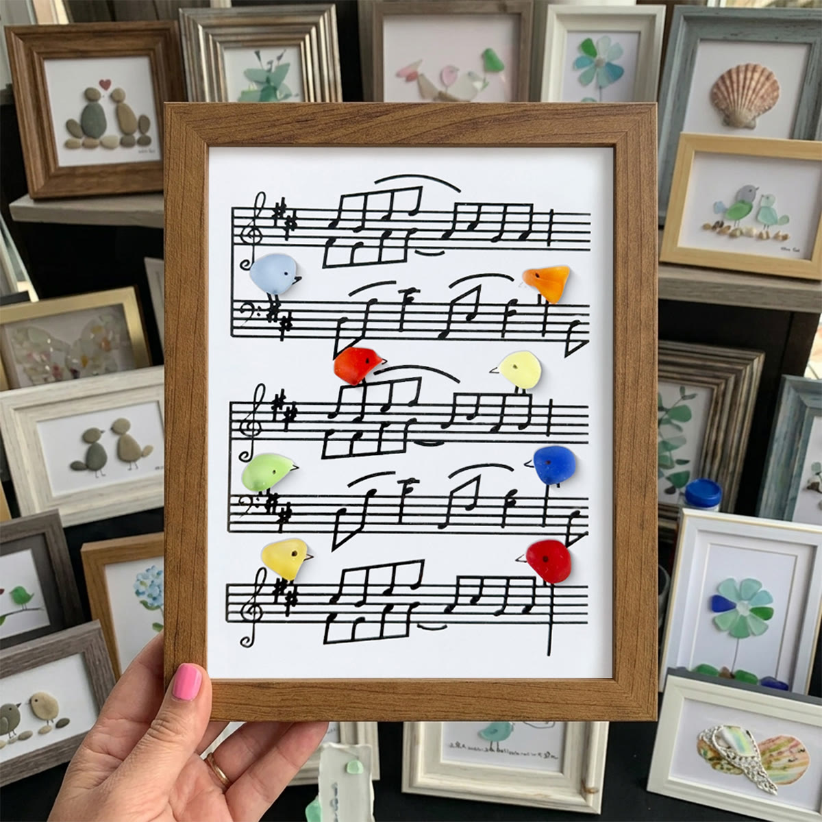 Eight Colorful Songbirds Singing Sea Glass Framed Art - Walnut Brown - 8" X 6" - image 11