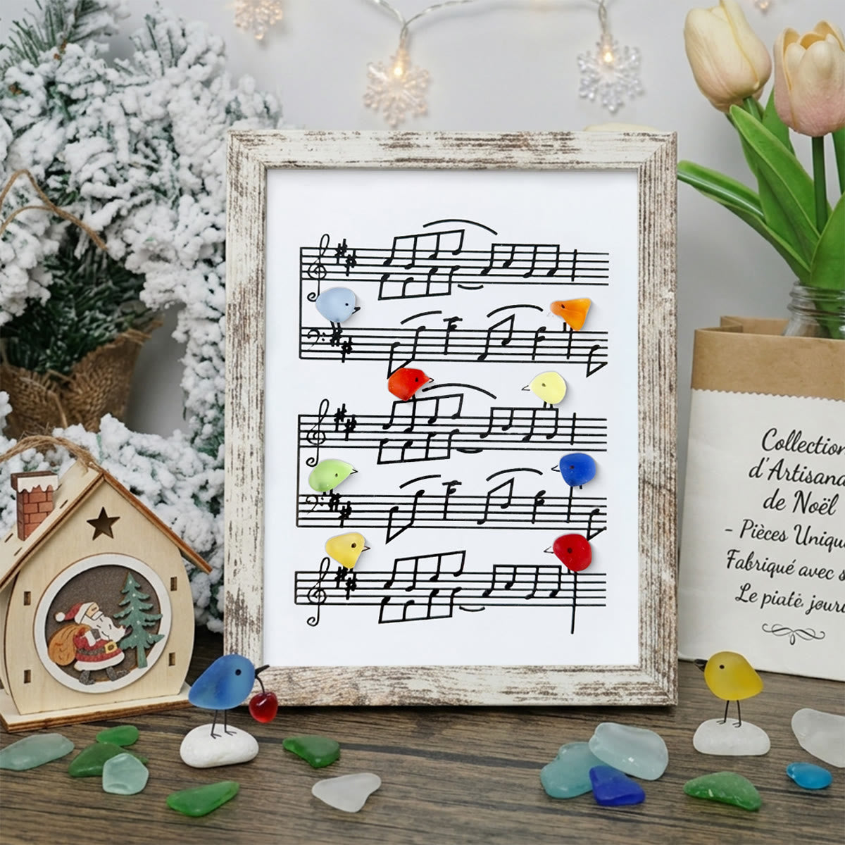 Eight Colorful Songbirds Singing Sea Glass Framed Art - Retro White - 8" X 6" - image 14