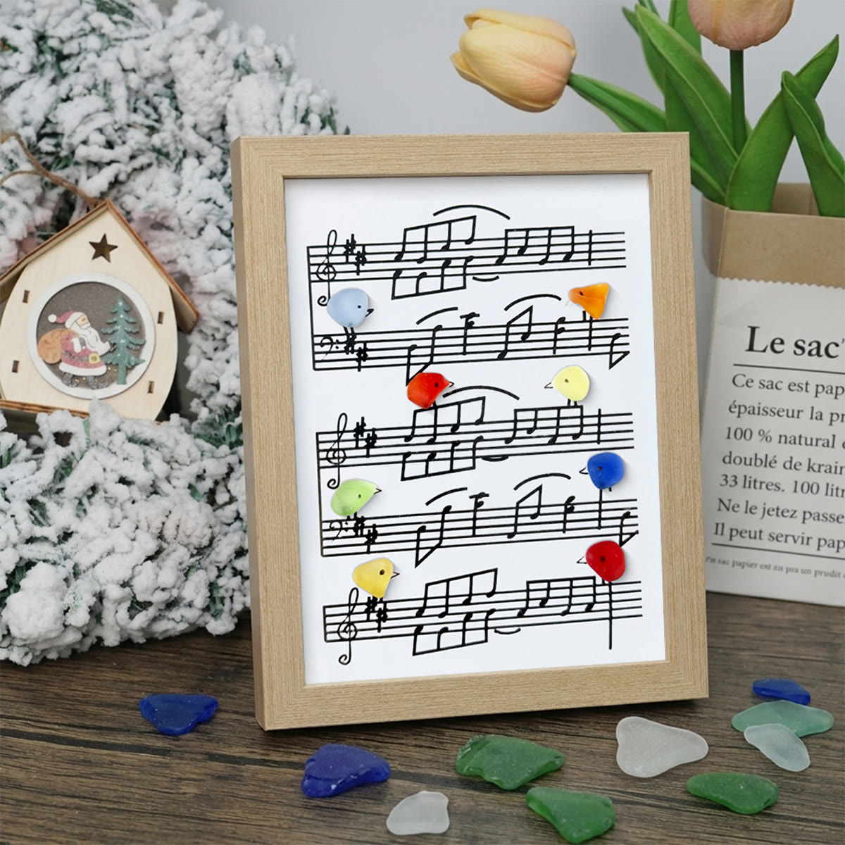 Eight Colorful Songbirds Singing Sea Glass Framed Art - Oak - 8" X 6" - image 10