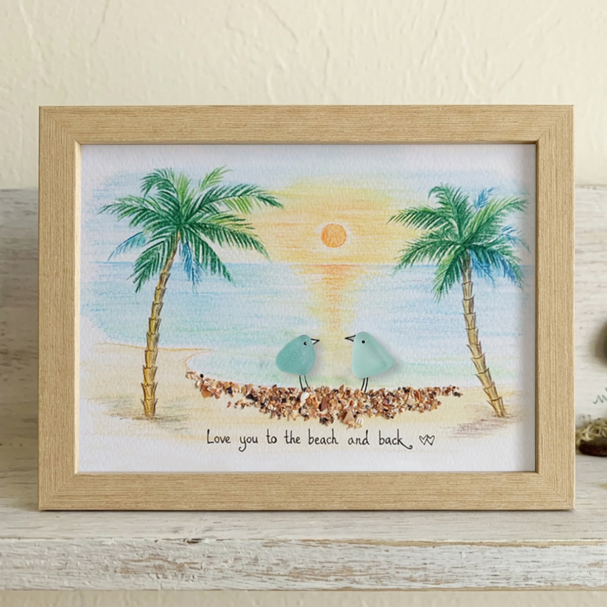 Romantic Couple Birds On The Bench Sea Glass Framed Art - Oak - 6" X 8" - image 11