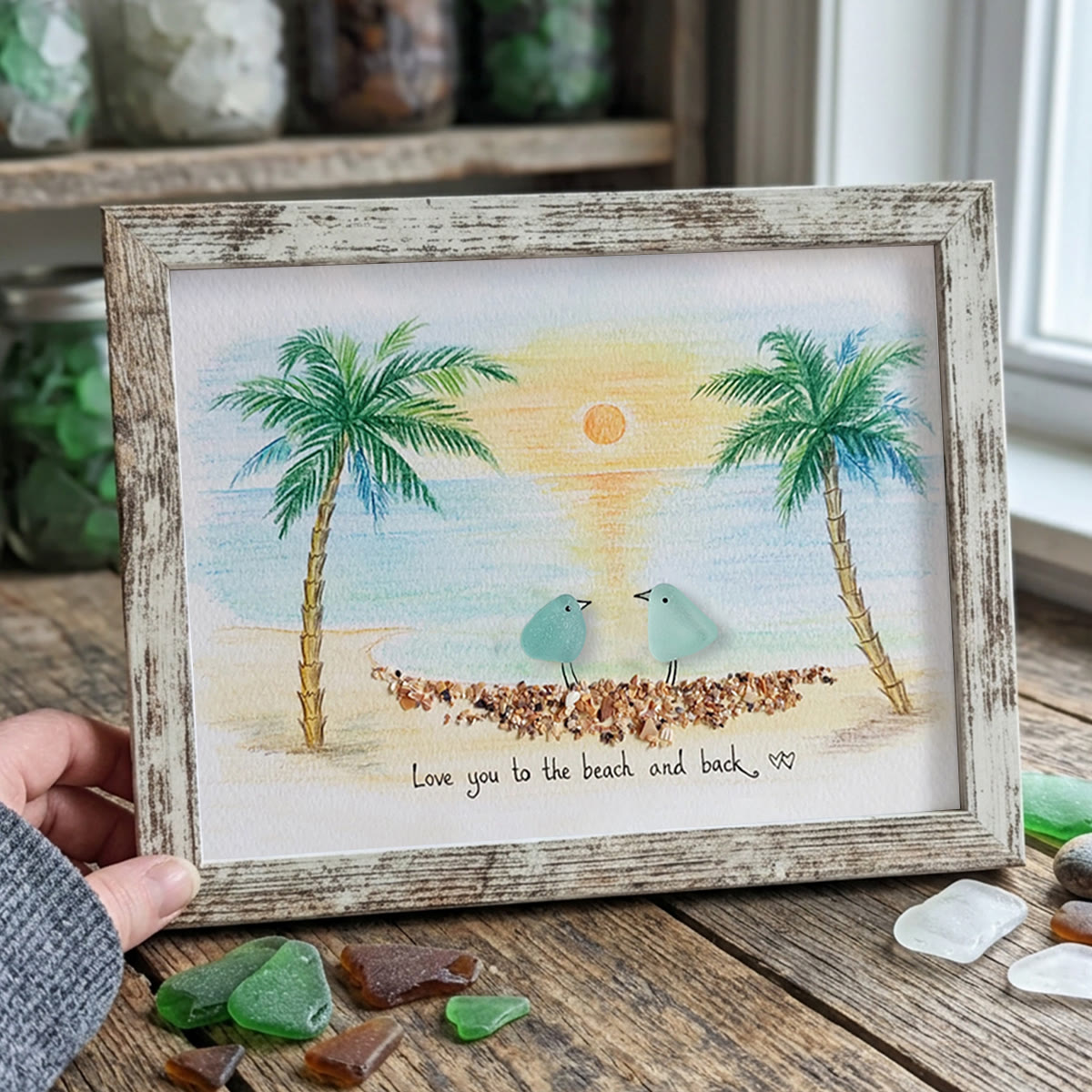 Romantic Couple Birds On The Bench Sea Glass Framed Art - Retro White - 6" X 8" - image 15