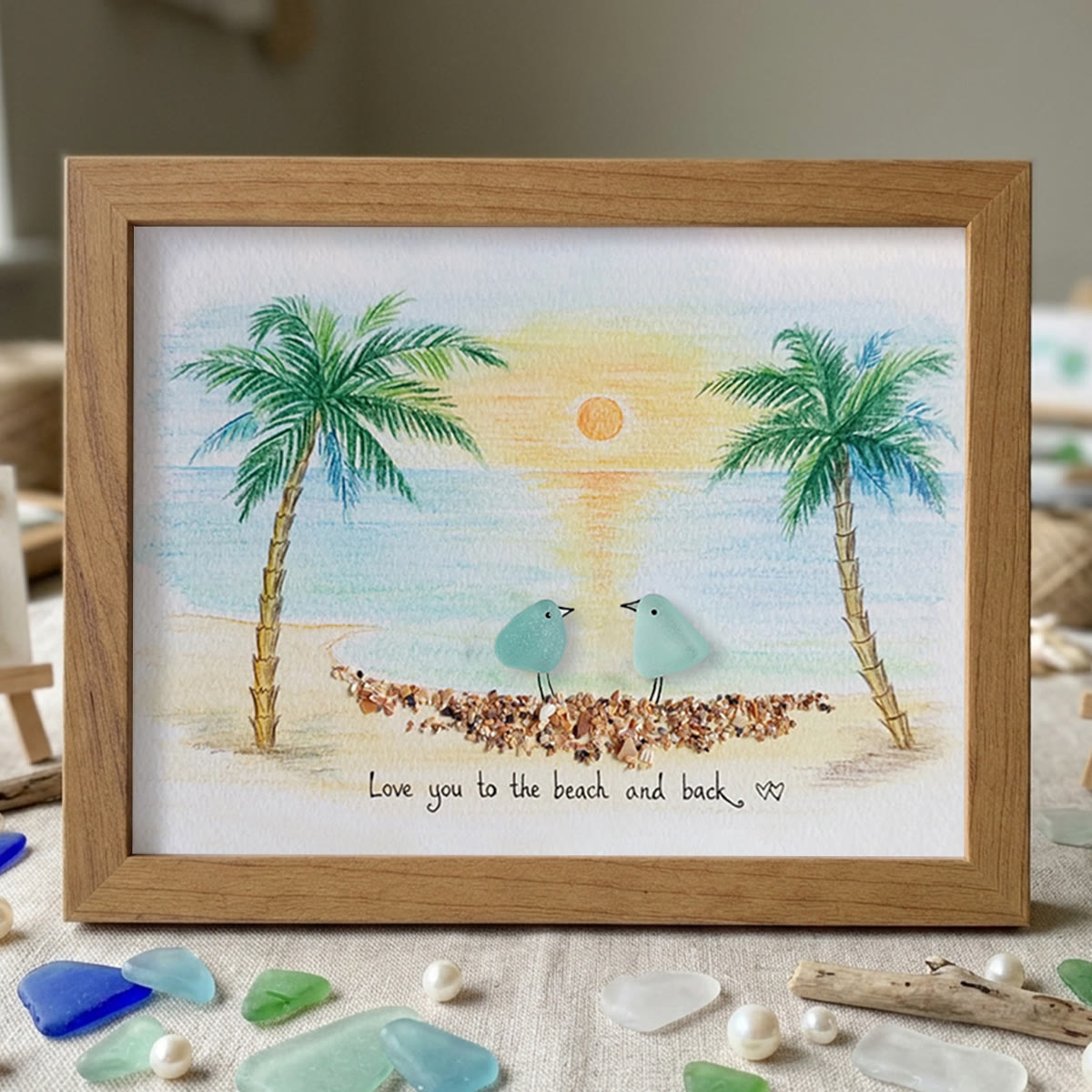 Romantic Couple Birds On The Bench Sea Glass Framed Art - Walnut Brown - 6" X 8" - image 12