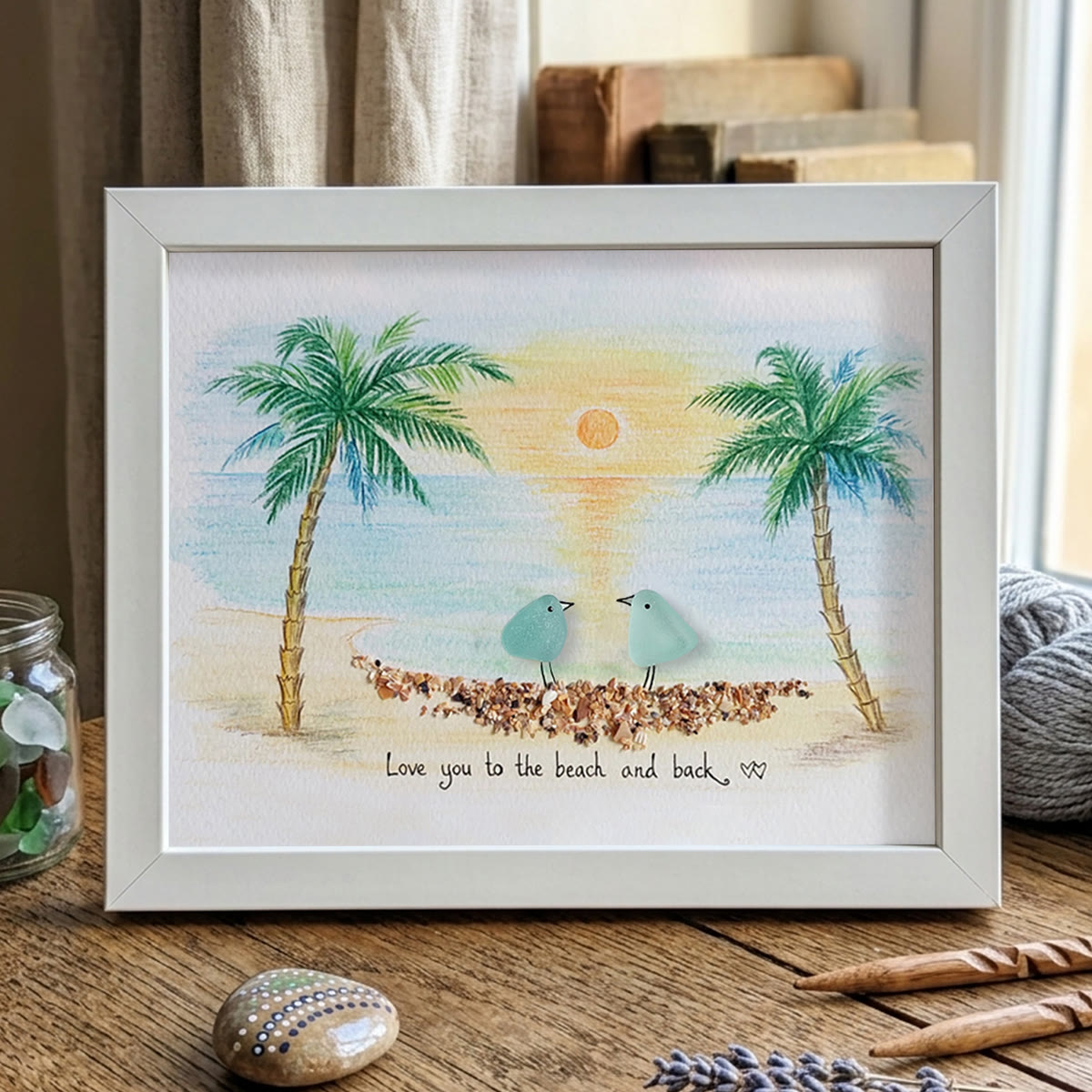 Romantic Couple Birds On The Bench Sea Glass Framed Art - White - 6" X 8" - image 14