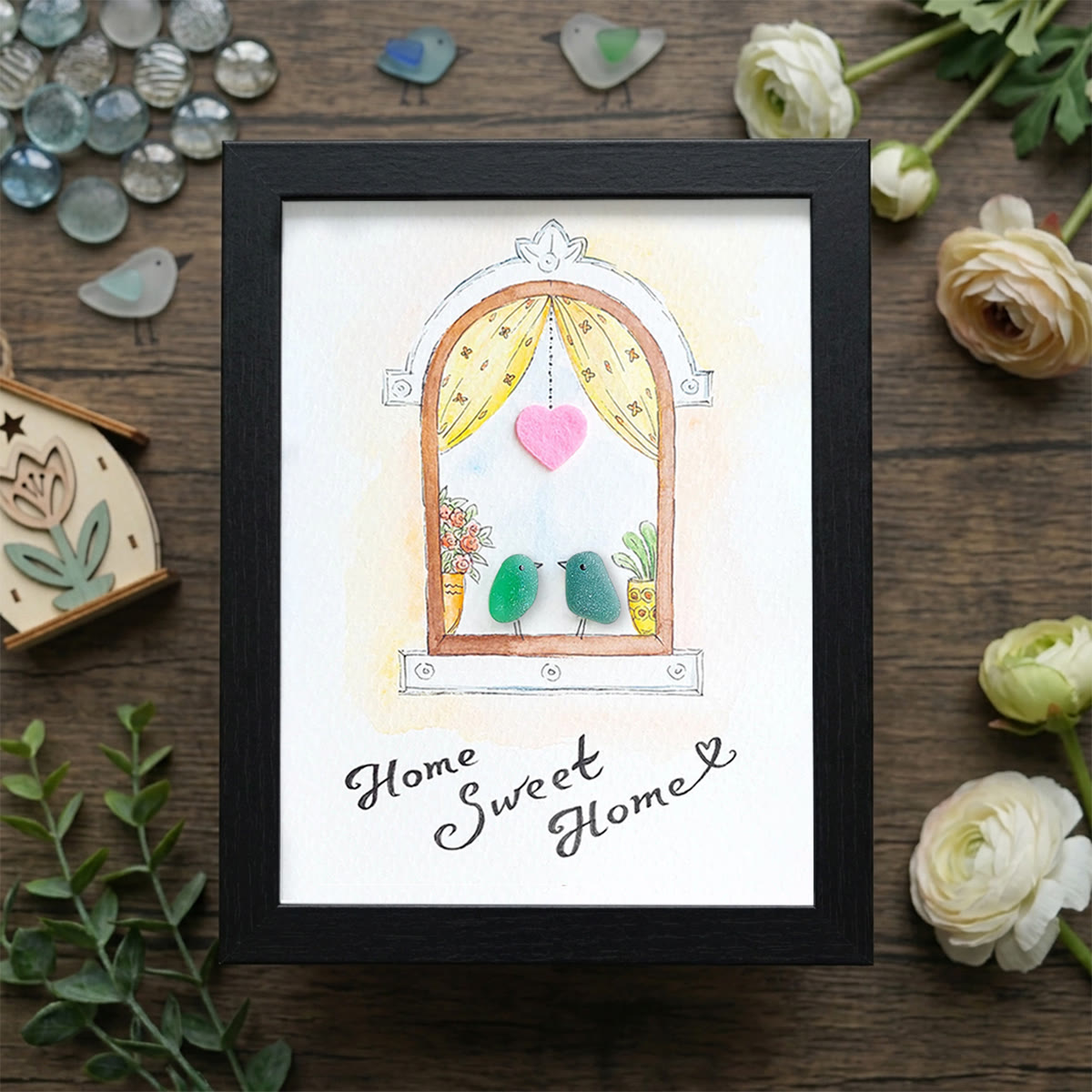 Home Sweet Home Housewarming Bird Sea Glass Framed Art - Black - 8" X 6" - image 12