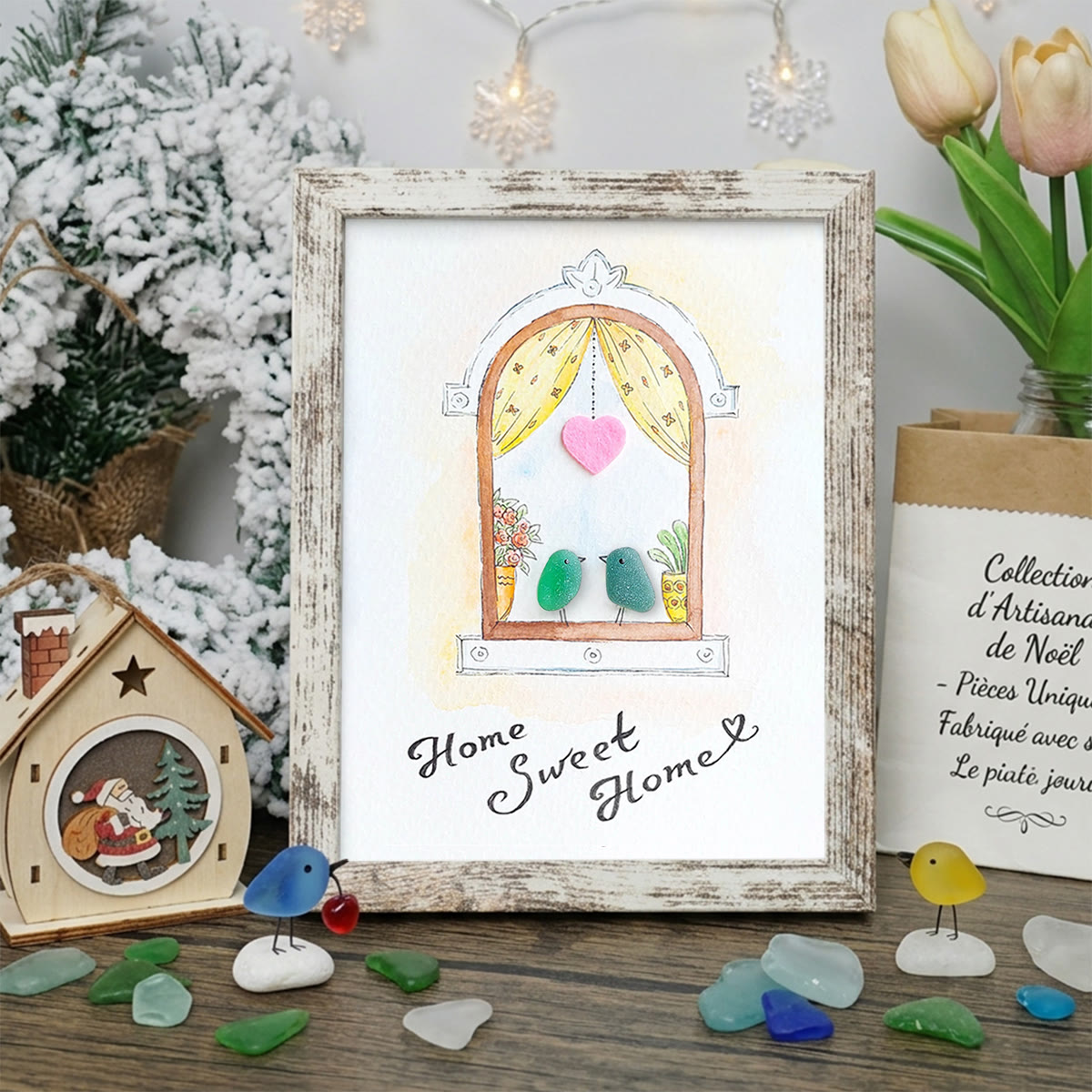 Home Sweet Home Housewarming Bird Sea Glass Framed Art - Retro White - 8" X 6" - image 14