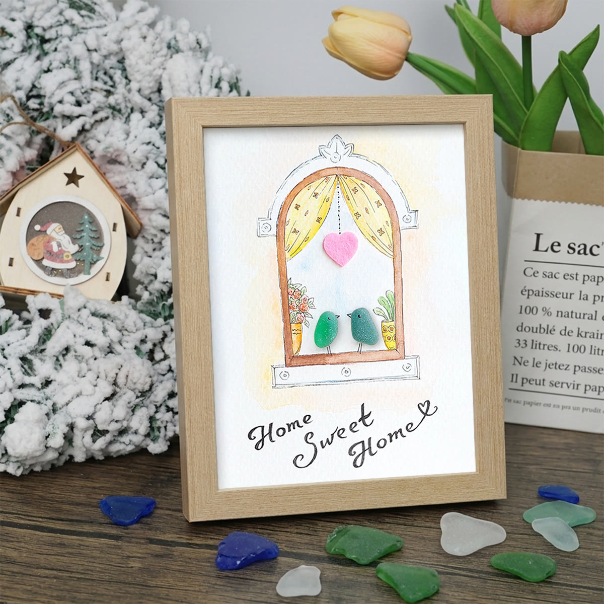 Home Sweet Home Housewarming Bird Sea Glass Framed Art - Oak - 8" X 6" - image 10