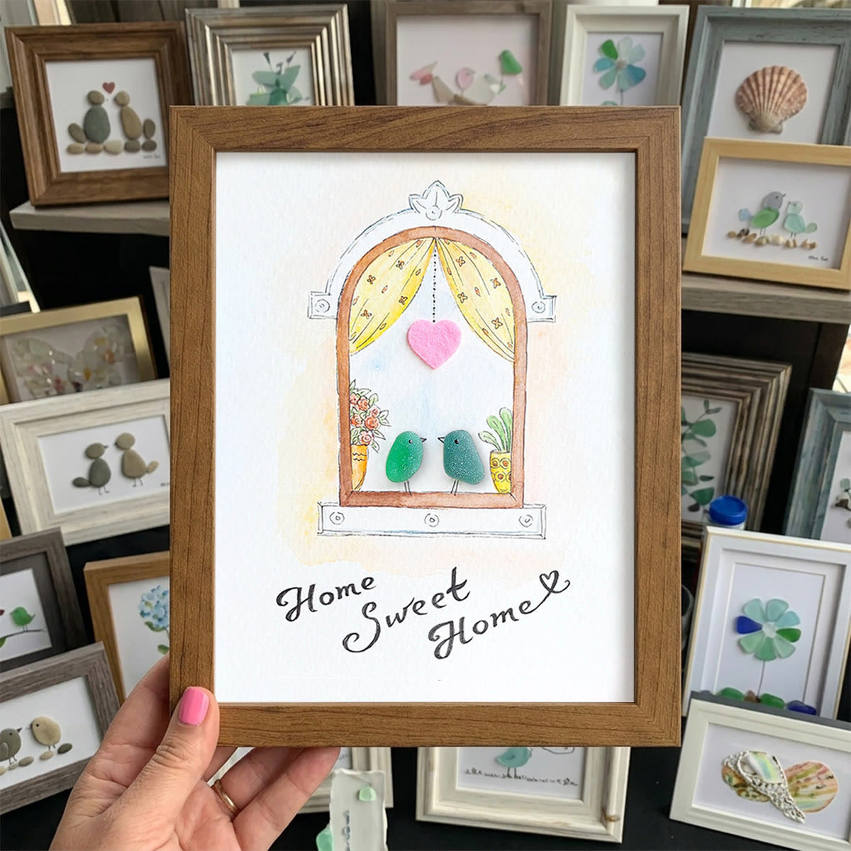 Home Sweet Home Housewarming Bird Sea Glass Framed Art - Walnut Brown - 8" X 6" - image 11
