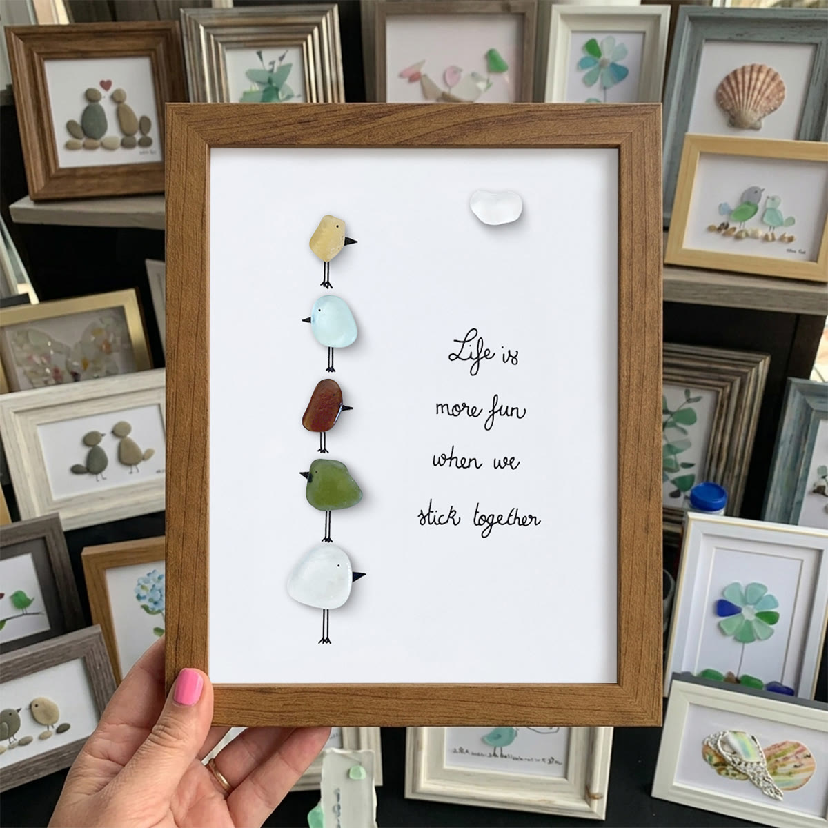 Family Unity Of Birds Sea Glass Framed Art - Walnut Brown - 8" X 6" - image 10