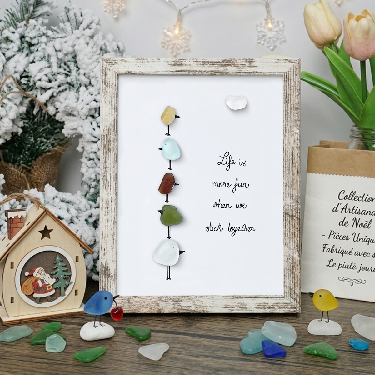 Family Unity Of Birds Sea Glass Framed Art - Retro White - 8" X 6" - image 13