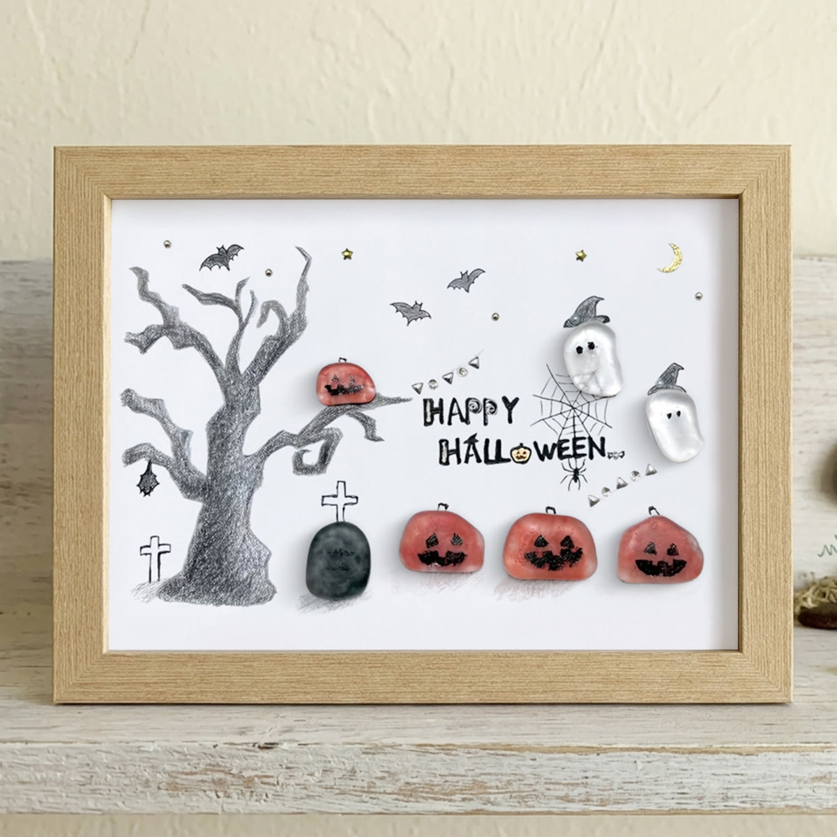 Happy Halloween Jack O Lantern And Ghost Sea Glass Framed Art - Oak - 6" X 8" - image 10