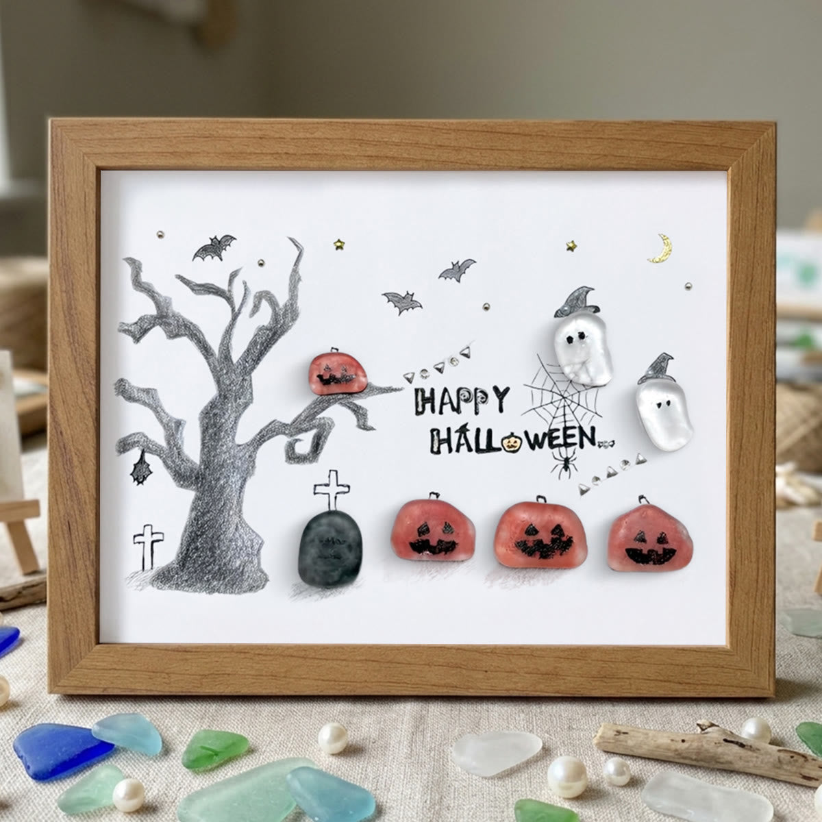 Happy Halloween Jack O Lantern And Ghost Sea Glass Framed Art - Walnut Brown - 6" X 8" - image 11