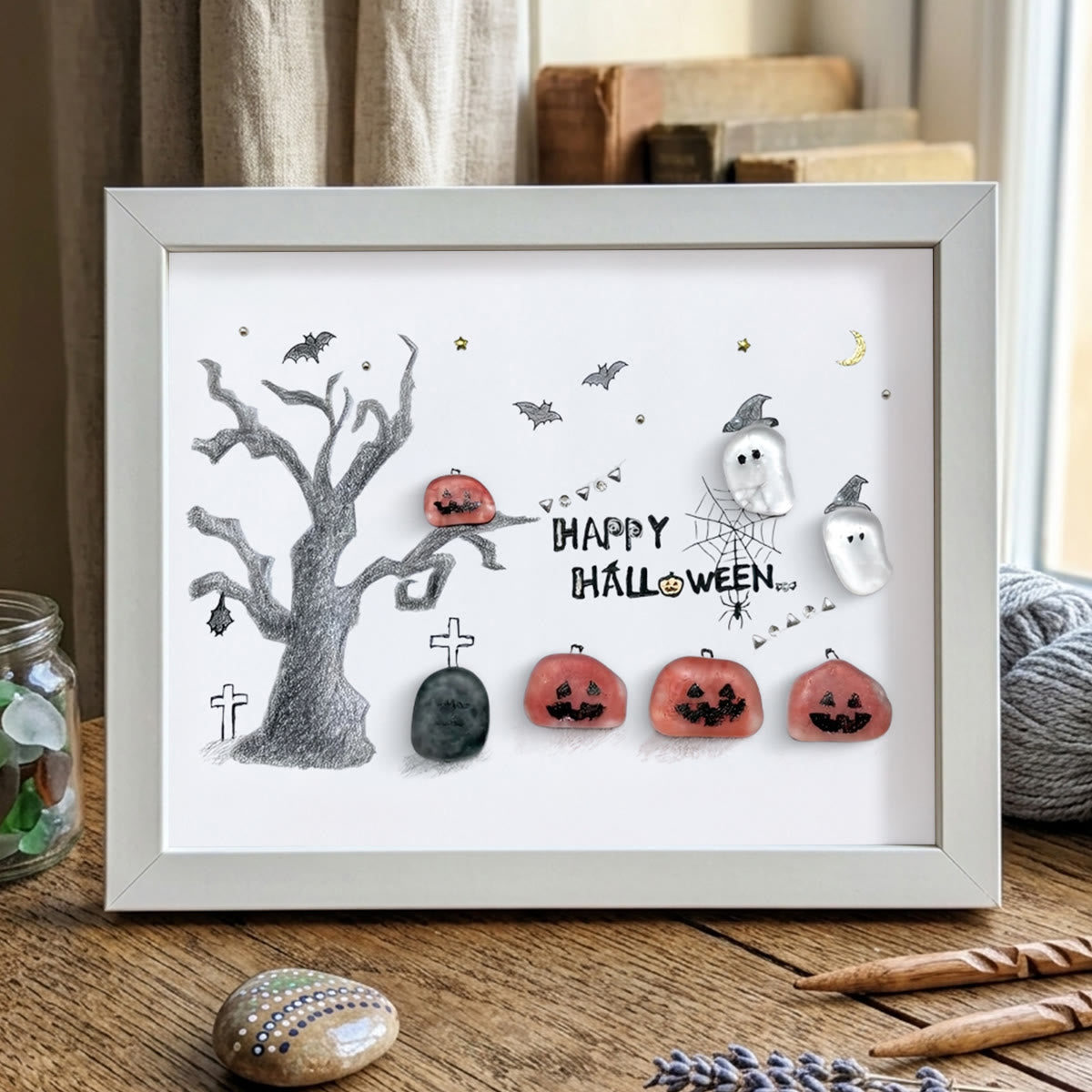 Happy Halloween Jack O Lantern And Ghost Sea Glass Framed Art - White - 6" X 8" - image 13