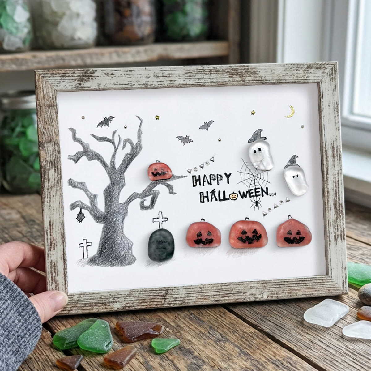Happy Halloween Jack O Lantern And Ghost Sea Glass Framed Art - Retro White - 6" X 8" - image 14