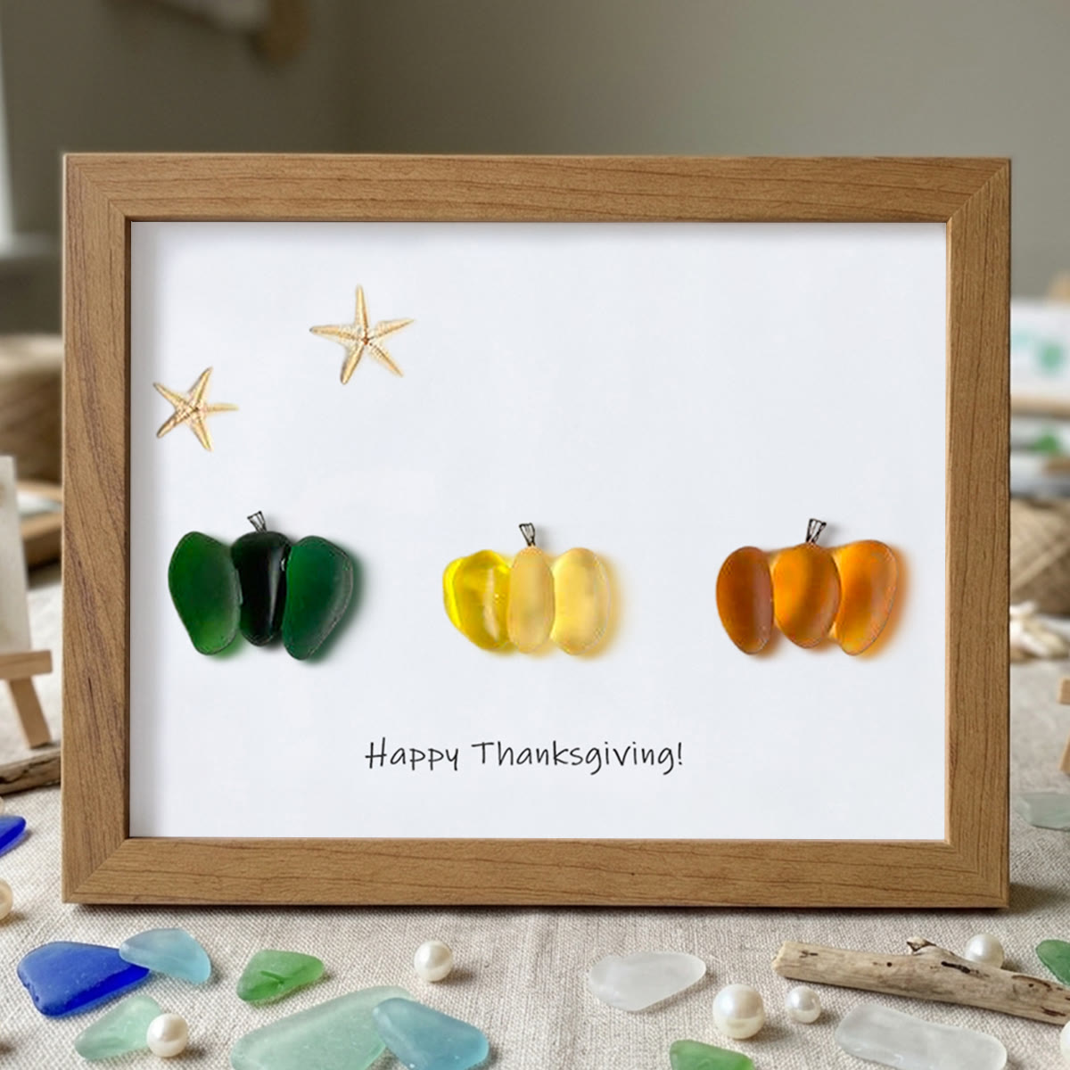 Happy Thanksgiving Pumpkin Sea Glass Framed Art - Walnut Brown - 6" X 8" - image 13