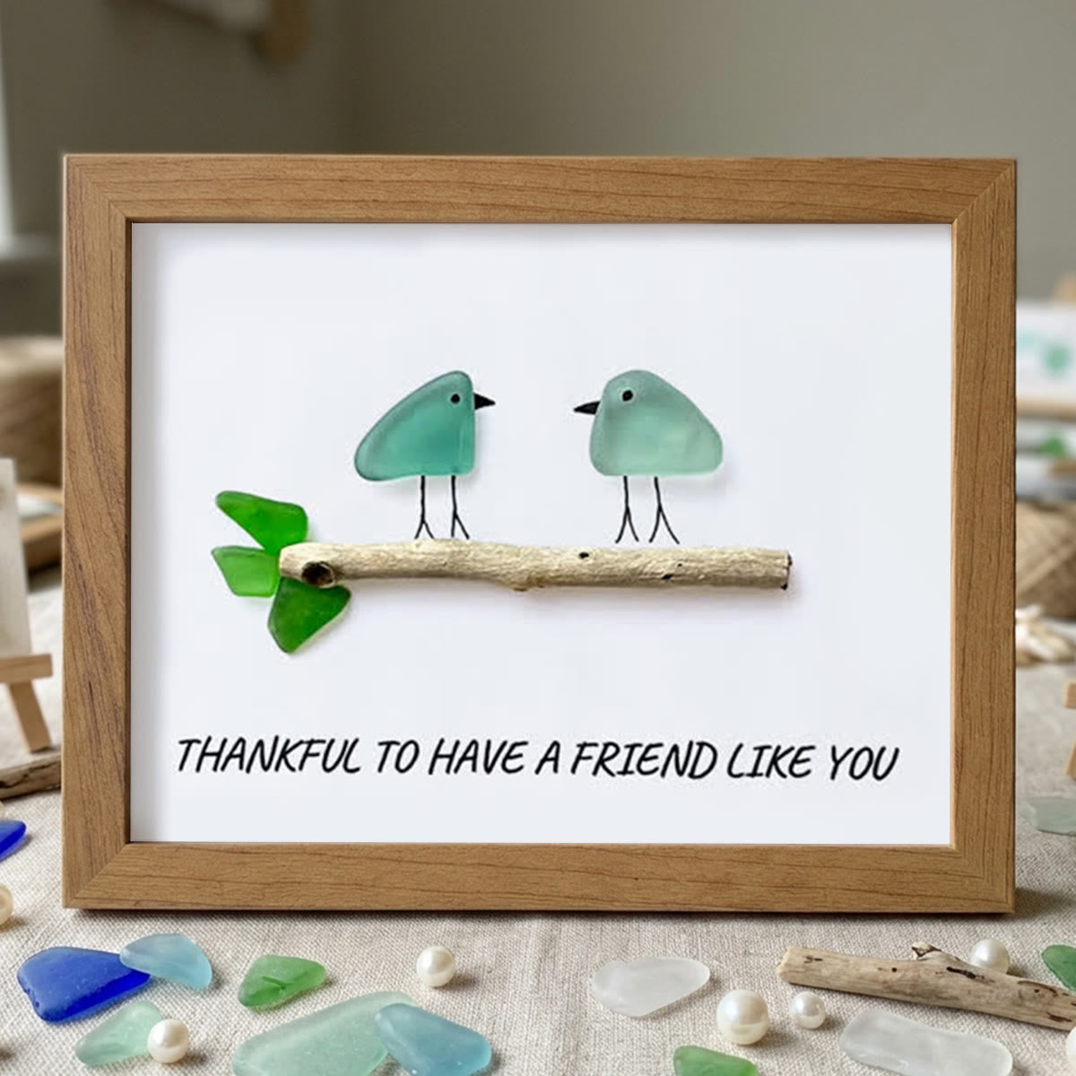 Friend Birds Sea Glass Framed Art Friendship Gift - Walnut Brown - 6" X 8" - image 13