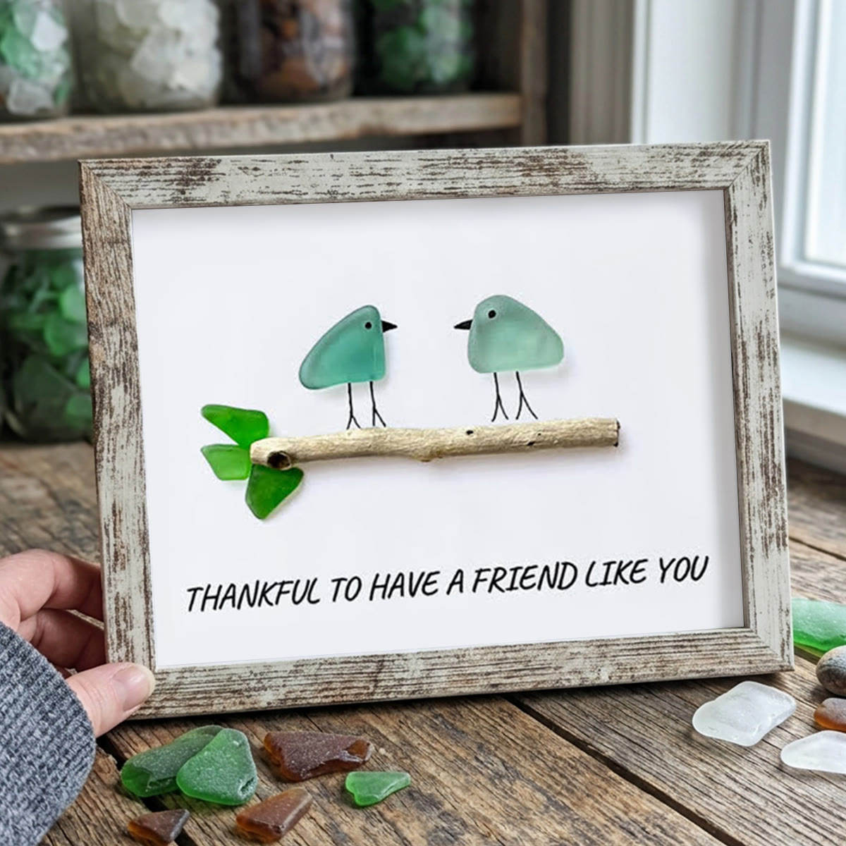 Friend Birds Sea Glass Framed Art Friendship Gift - Retro White - 6" X 8" - image 16