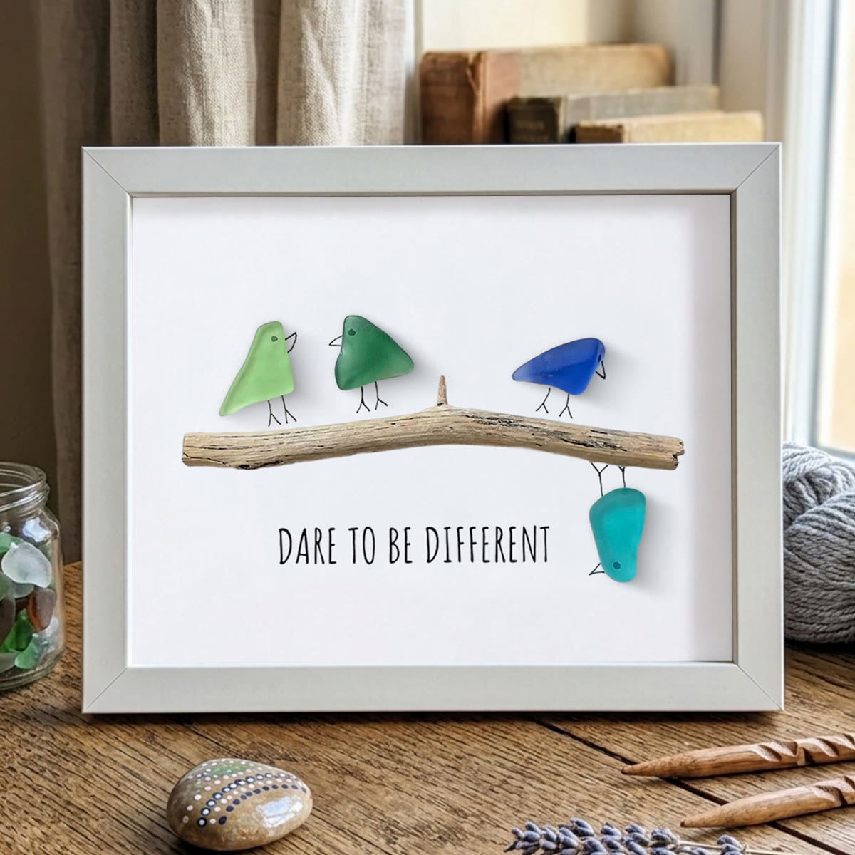 Dare To Be Different Birds Sea Glass Framed Art Inspirational Gift - White - 6" X 8" - image 13