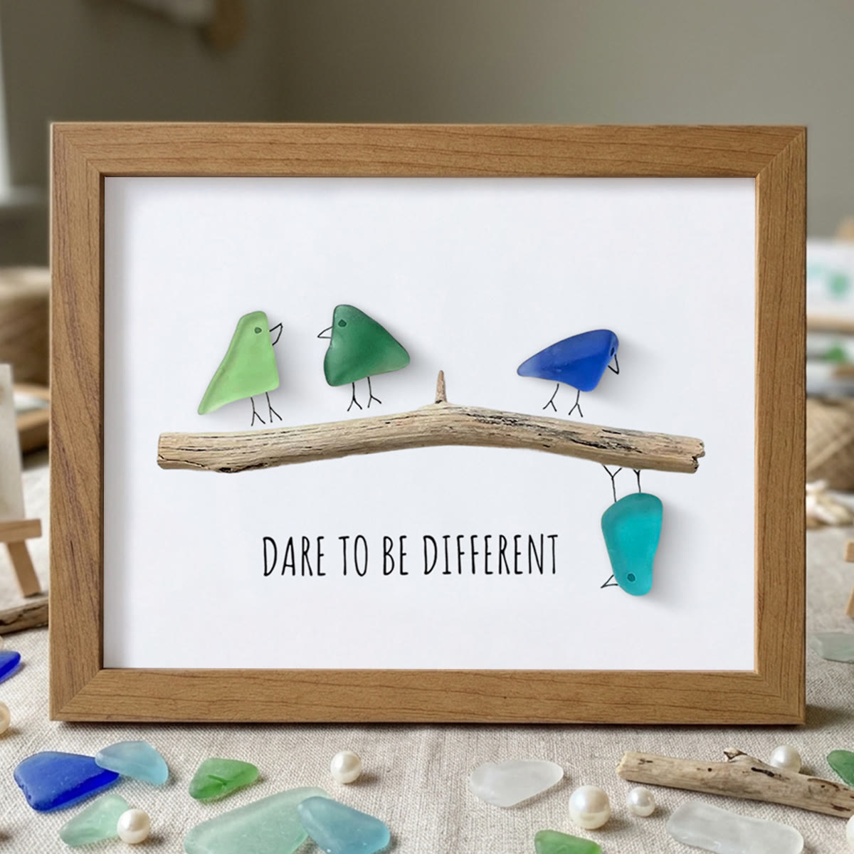 Dare To Be Different Birds Sea Glass Framed Art Inspirational Gift - Walnut Brown - 6" X 8" - image 11