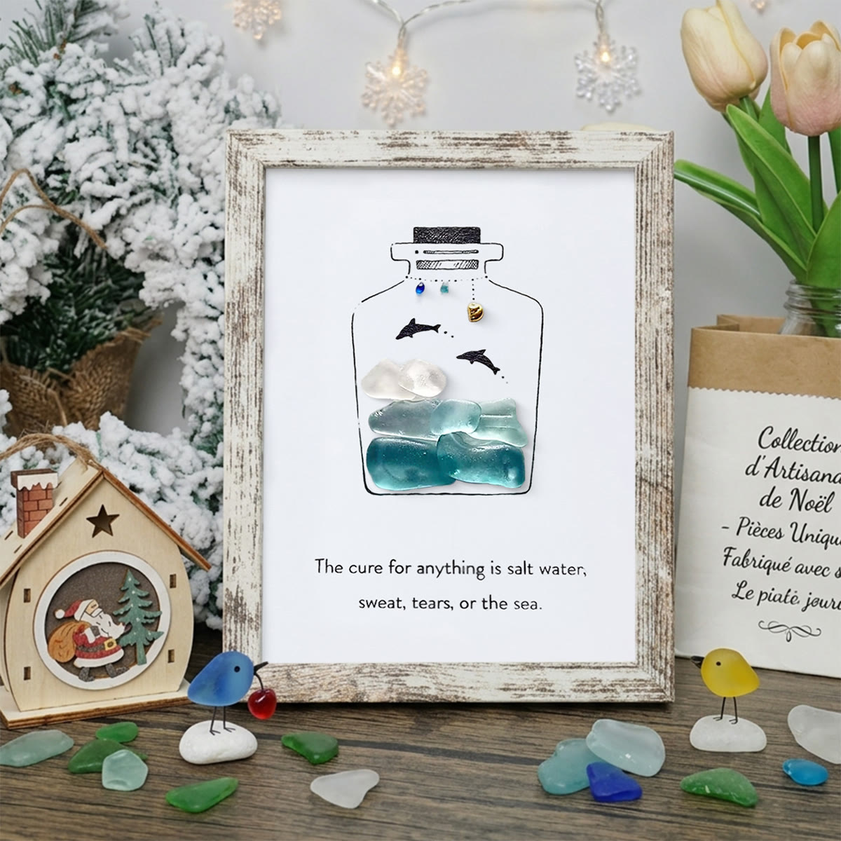 Sea Bottle Sea Glass Framed Art Inspirational Gift - Retro White - 8" X 6" - image 13