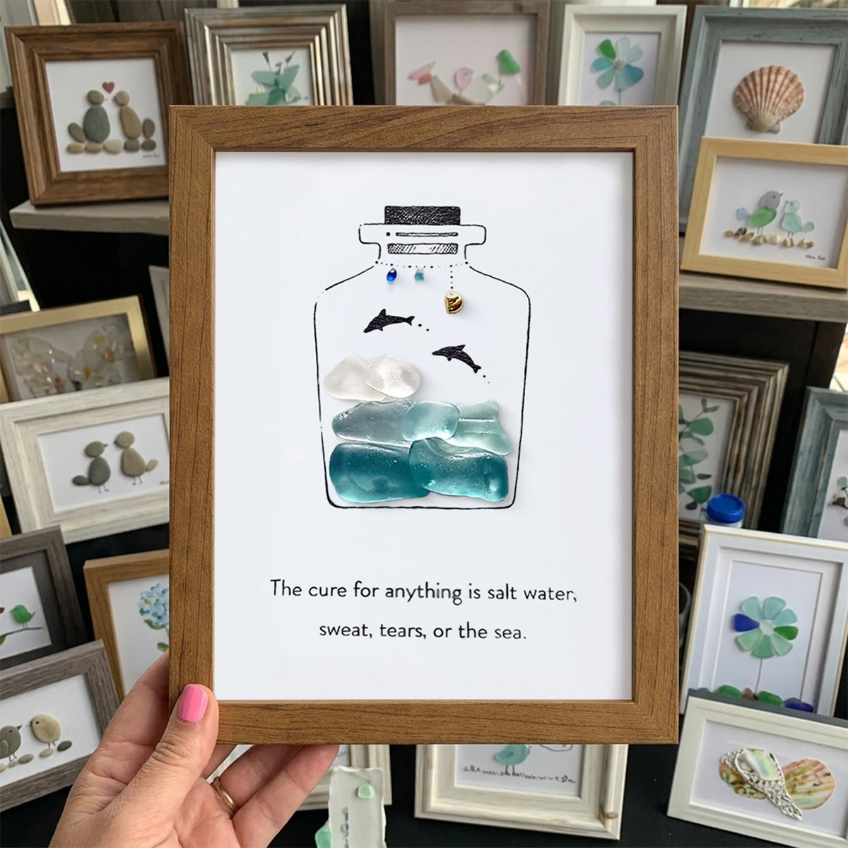 Sea Bottle Sea Glass Framed Art Inspirational Gift - Walnut Brown - 8" X 6" - image 10
