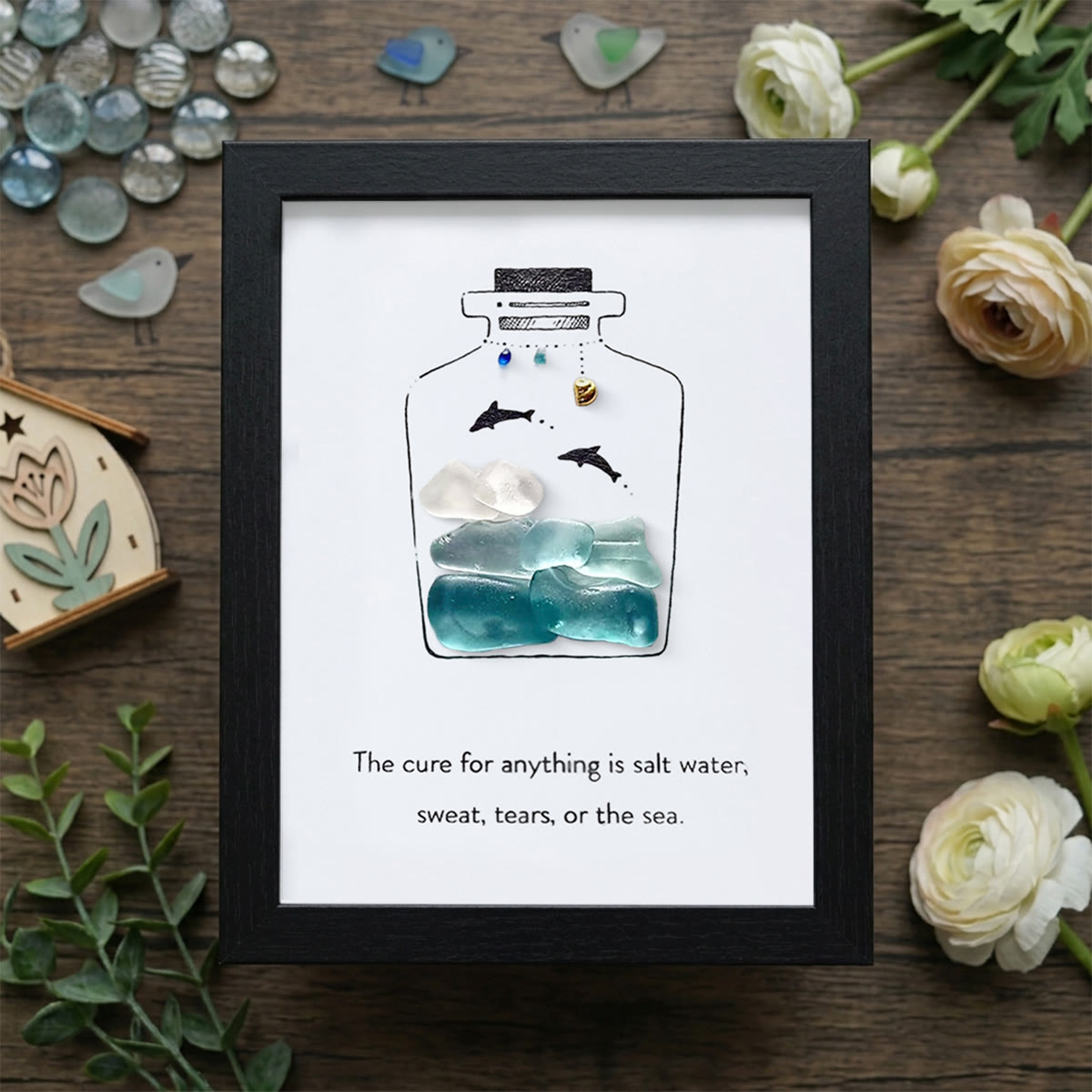 Sea Bottle Sea Glass Framed Art Inspirational Gift - Black - 8" X 6" - image 11