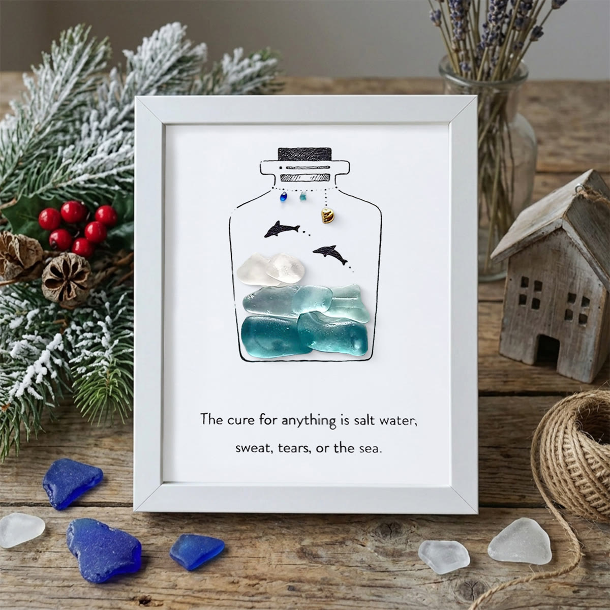 Sea Bottle Sea Glass Framed Art Inspirational Gift - White - 8" X 6" - image 12
