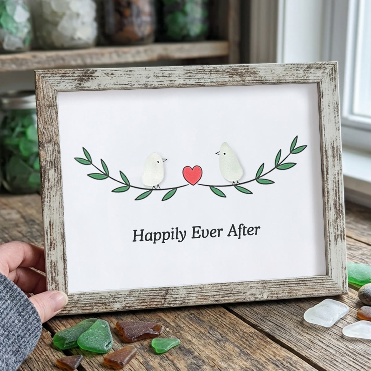 Happily Ever After Lovebirds Sea Glass Framed Art - Retro White - 6" X 8" - image 14