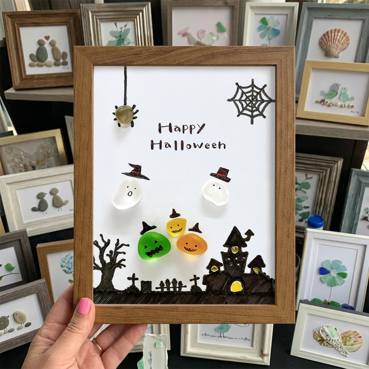Ghost Happy Halloween Sea Glass Framed Art - Walnut Brown - 8" X 6" - image 8